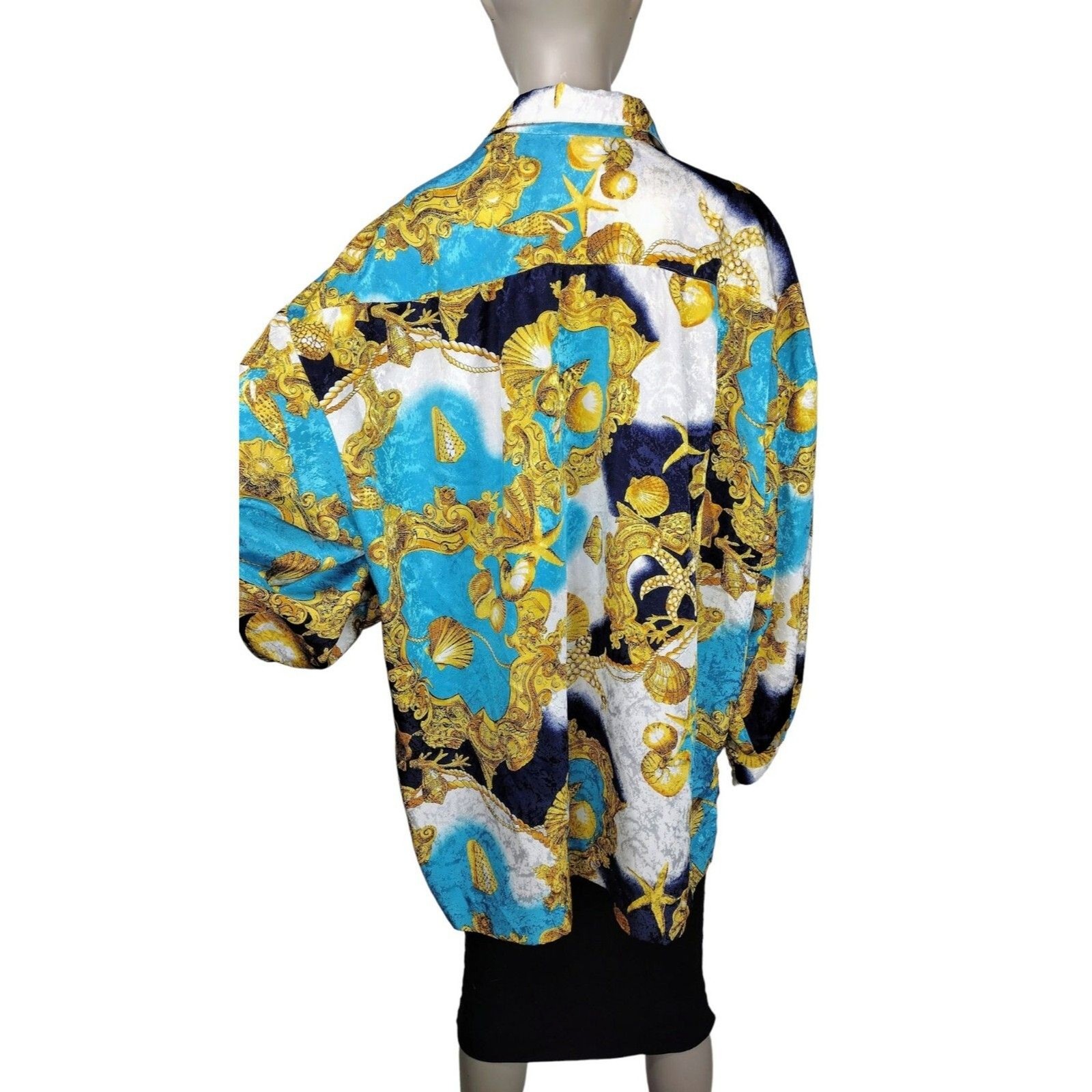 Vintage 80s Baroque Nautical Brocade Shells Chains Scarf Print Statement Blouse
