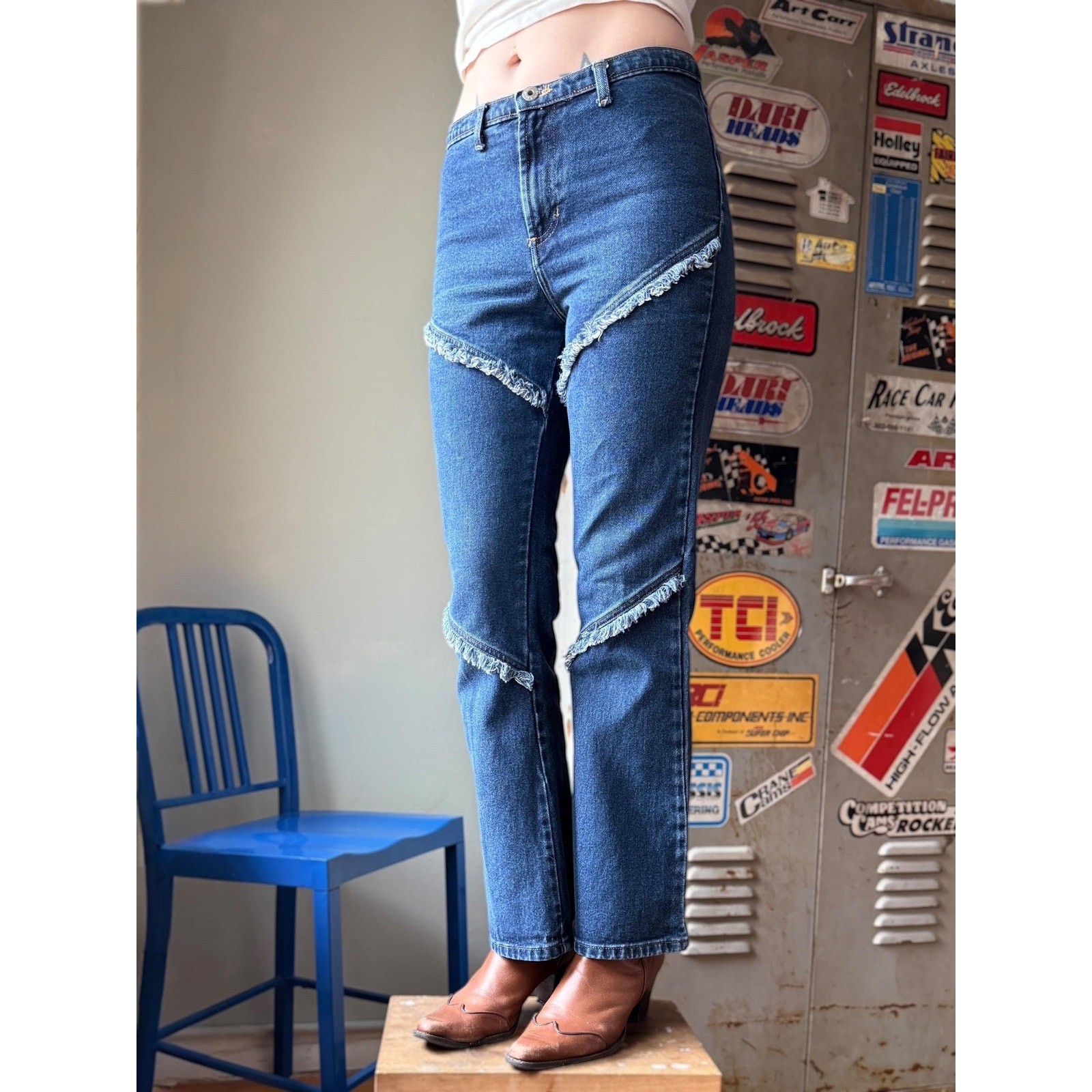 Vintage Y2K Fringe Panel Jeans | Low Rise Kick Flare Denim | Medium Wash | 29″