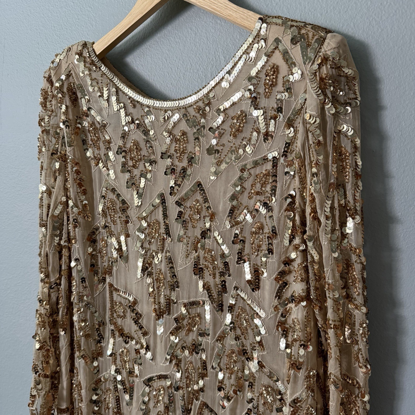 Vintage Scala Attributed 100% Silk Beaded Sequin Cocktail Dress M Champagne Gold