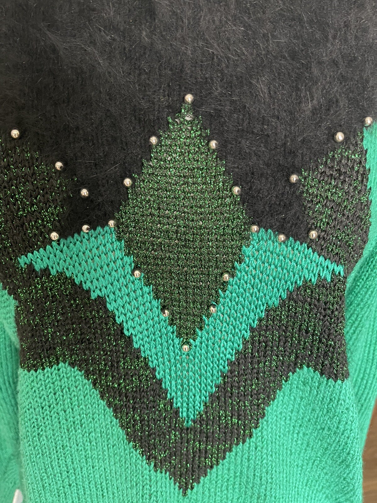 80s VTG ANGENIE Sz L Beaded Green Black Ramie Rayon Cotton Angora LS Sweater