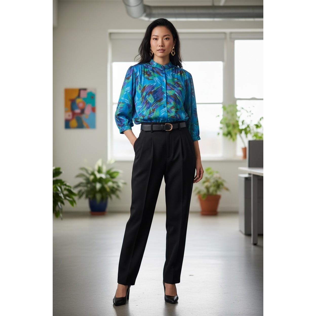 Teddi of California Vintage Blouse 18 Blue Abstract Brushstroke 80s Mandarin Top