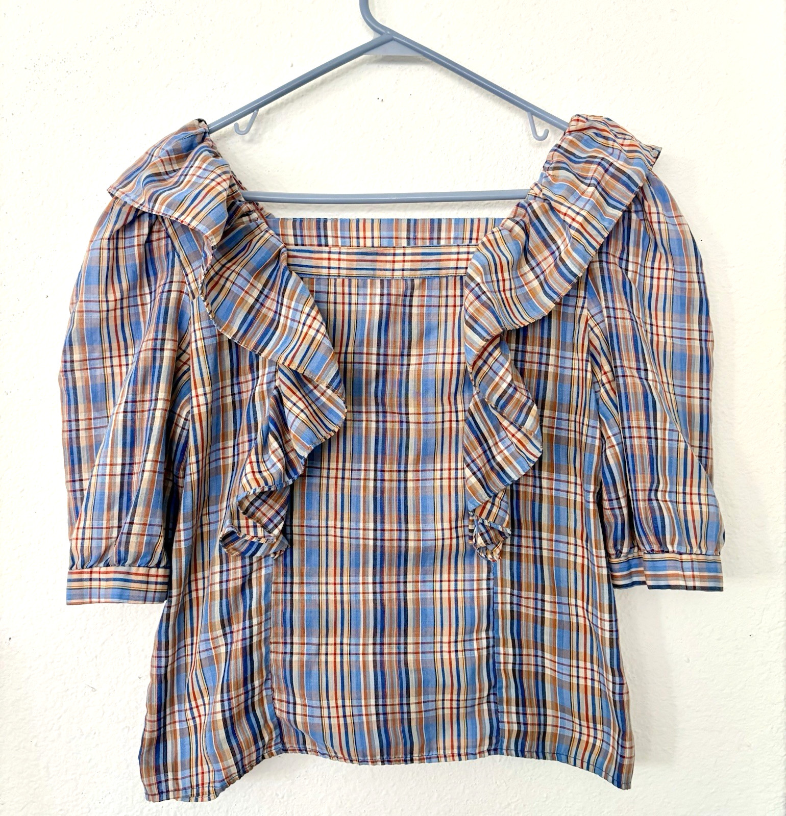 Vintage 70s Plaid Prairie Ruffle Blouse M Cottagecore Puff Sleeve Peasant Top