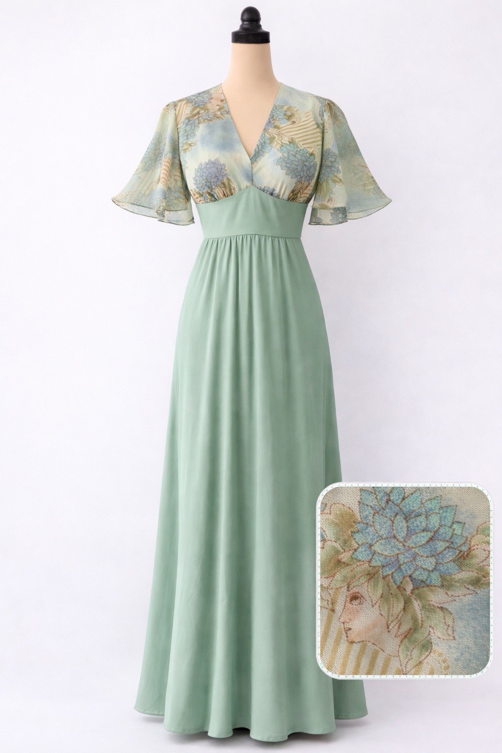 Vintage 70s Angel Sleeve Floral Lady Maxi Jade Green Dress Hippie Small Unique