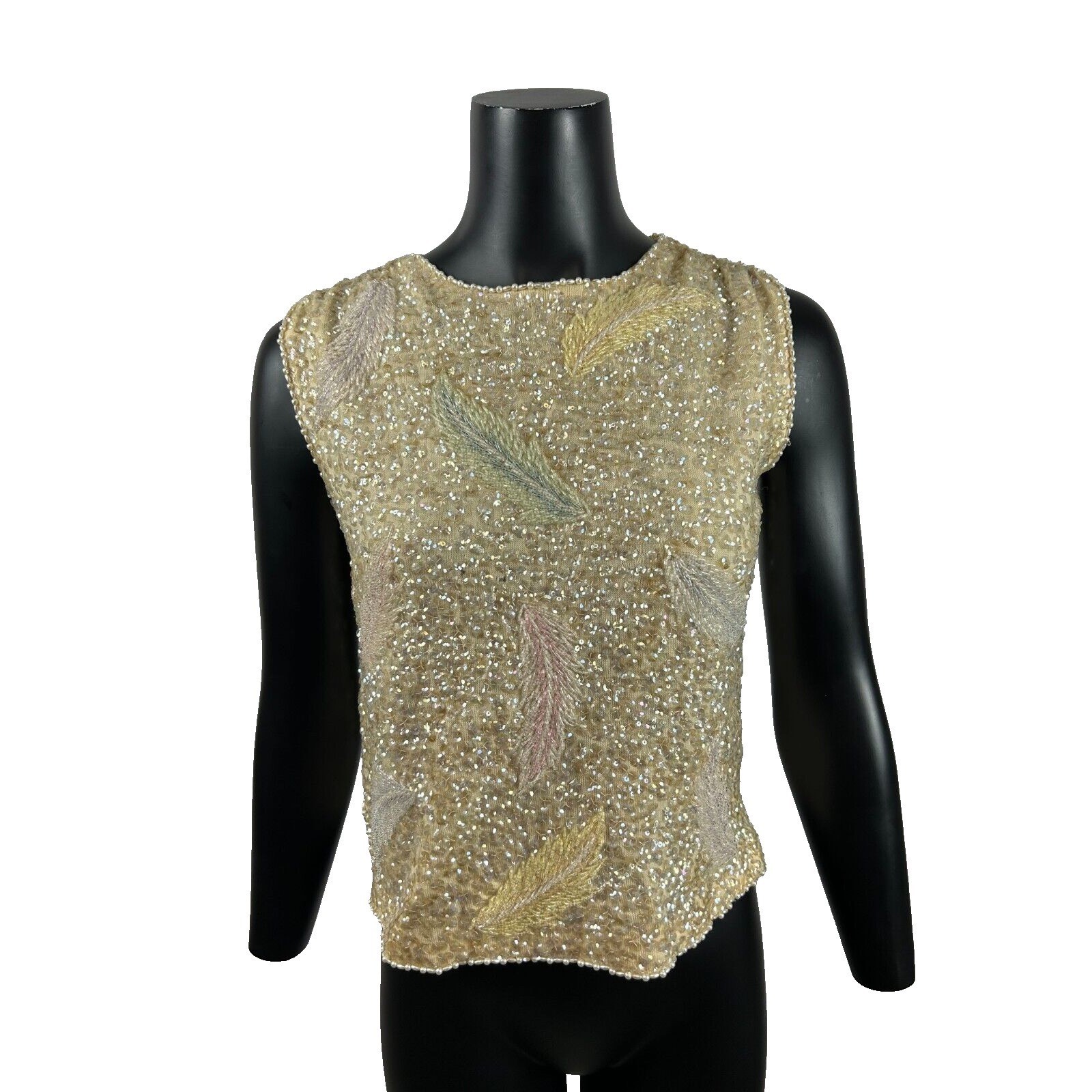 Vintage Sleeveless Sequin Beaded Feather Top Women’s Medium Shell 1950s Flaw