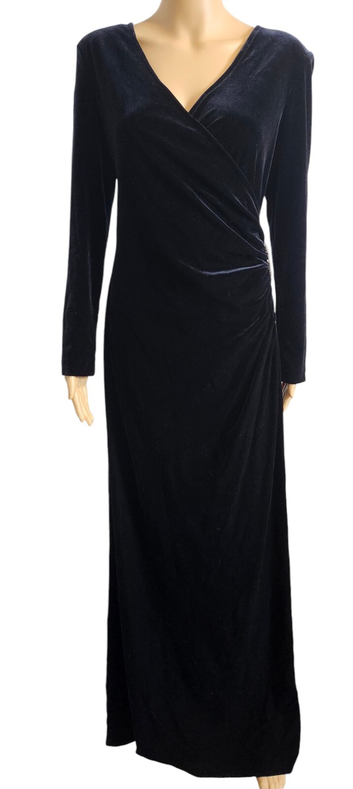 VTG Arianna By Rachel Kaye Black Velvet L/S Formal Dress W/side Rhinestone Jewel