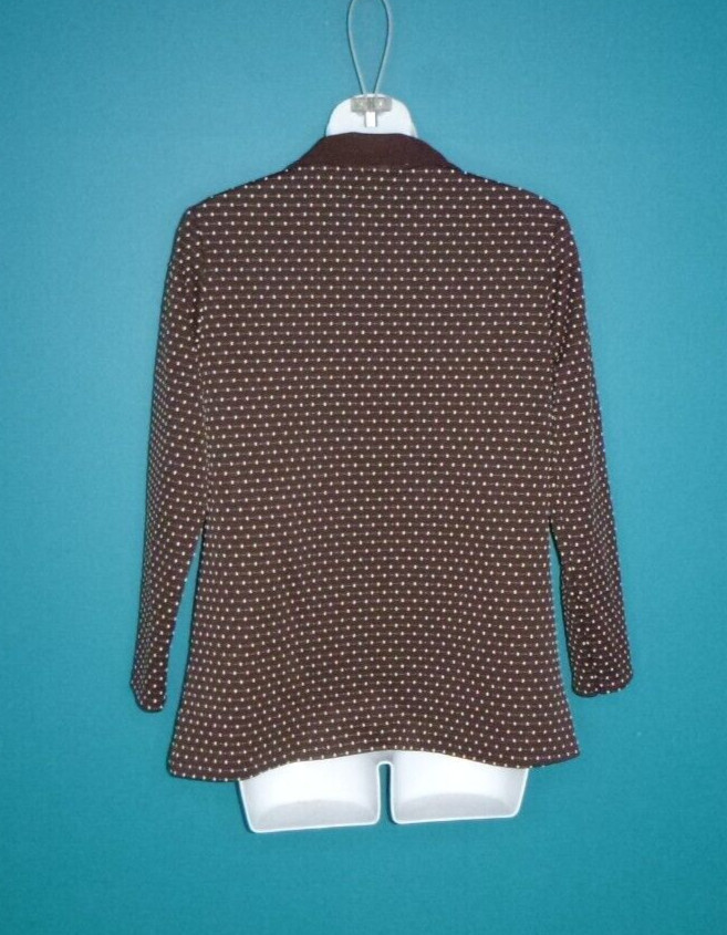Vtg 60s 70s MOD Polyester Knit Shirt Jacket Brown White Dots Big Collar Sz S/M