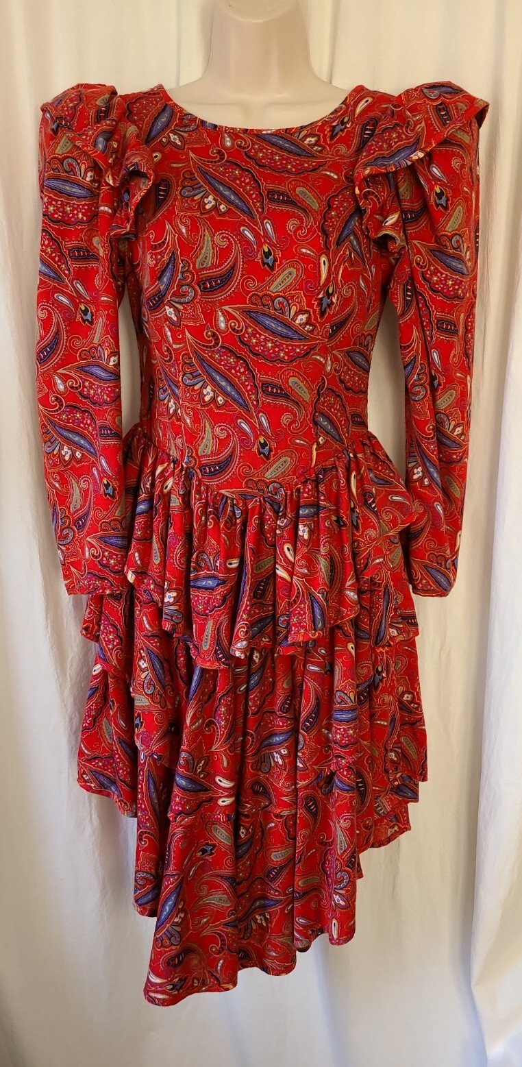 Vintage Barboglio Cristina Jan Red Pasiley Ruffled Dress Made In USA Size Small