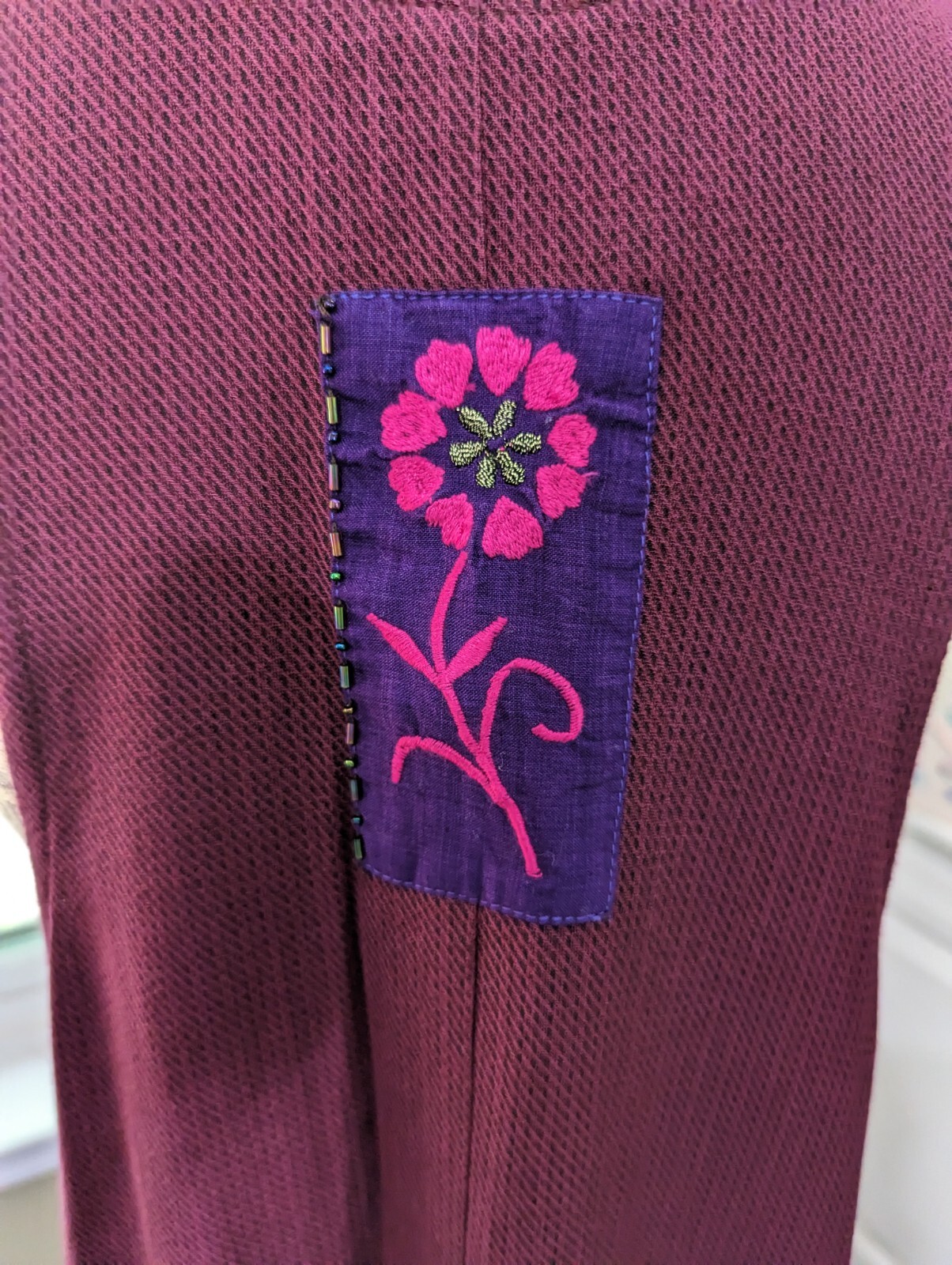 VTG LONG DRESS/ROMPER w/Diff. Fabrics-Embr-Beads-Mother of Pearl Accents-size L