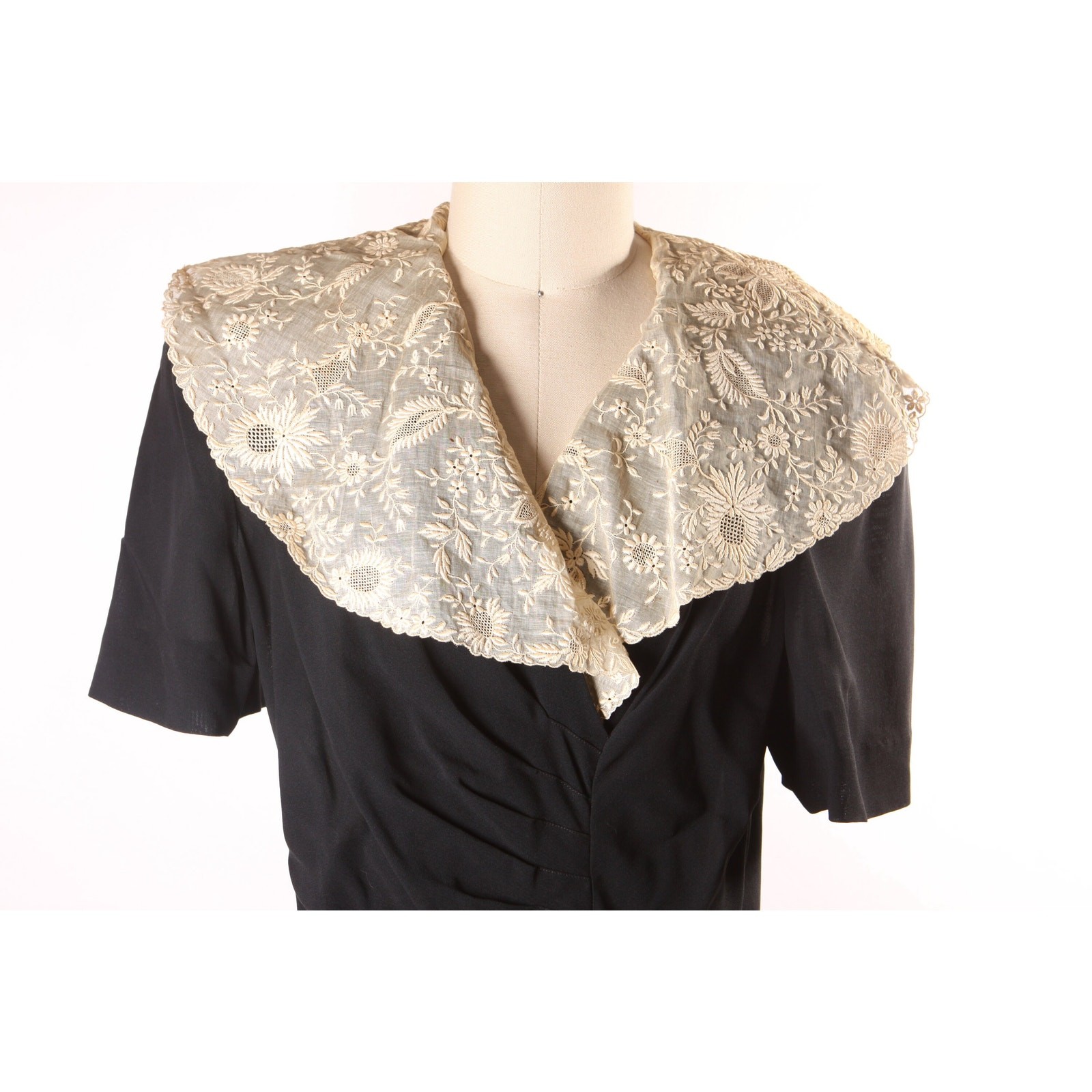 1940s Cream Black Lace Short Sleeve Formal Dress by Eisenberg Originals