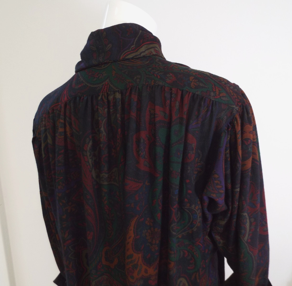 Vintage 1980s KENZO Paisley Wool Dress French Cuffs Pussybow Pockets Sakowitz