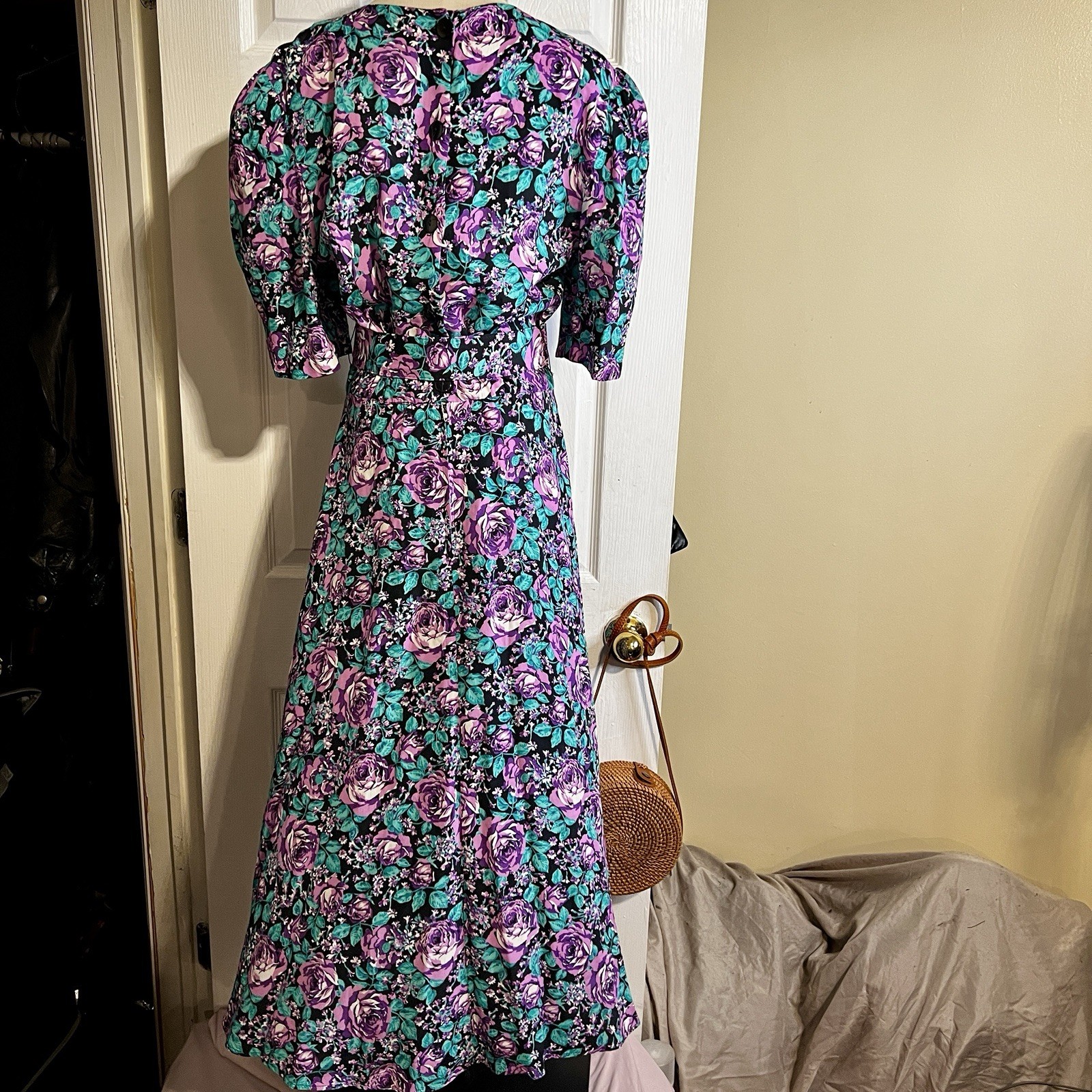 SL Fashions Vtg 90s Floral Belted Pleated Puff Sleeve Fit&Flare Maxi Dress 12