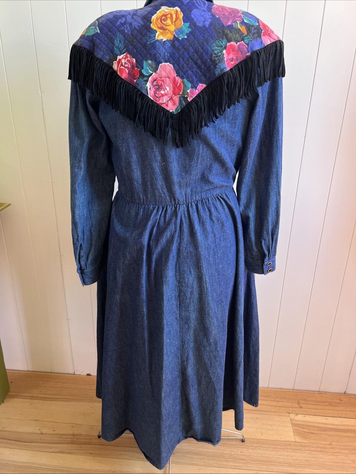 VTG 80s Choon California Denim Maxi Dress Western Floral Quilted Yoke Fringe M L