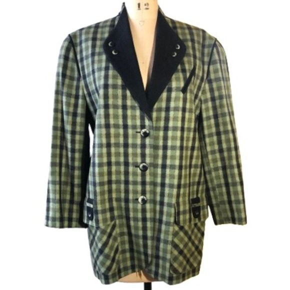 Vintage 90s wool checkered olive green and black blazer jacket, Plus size XL