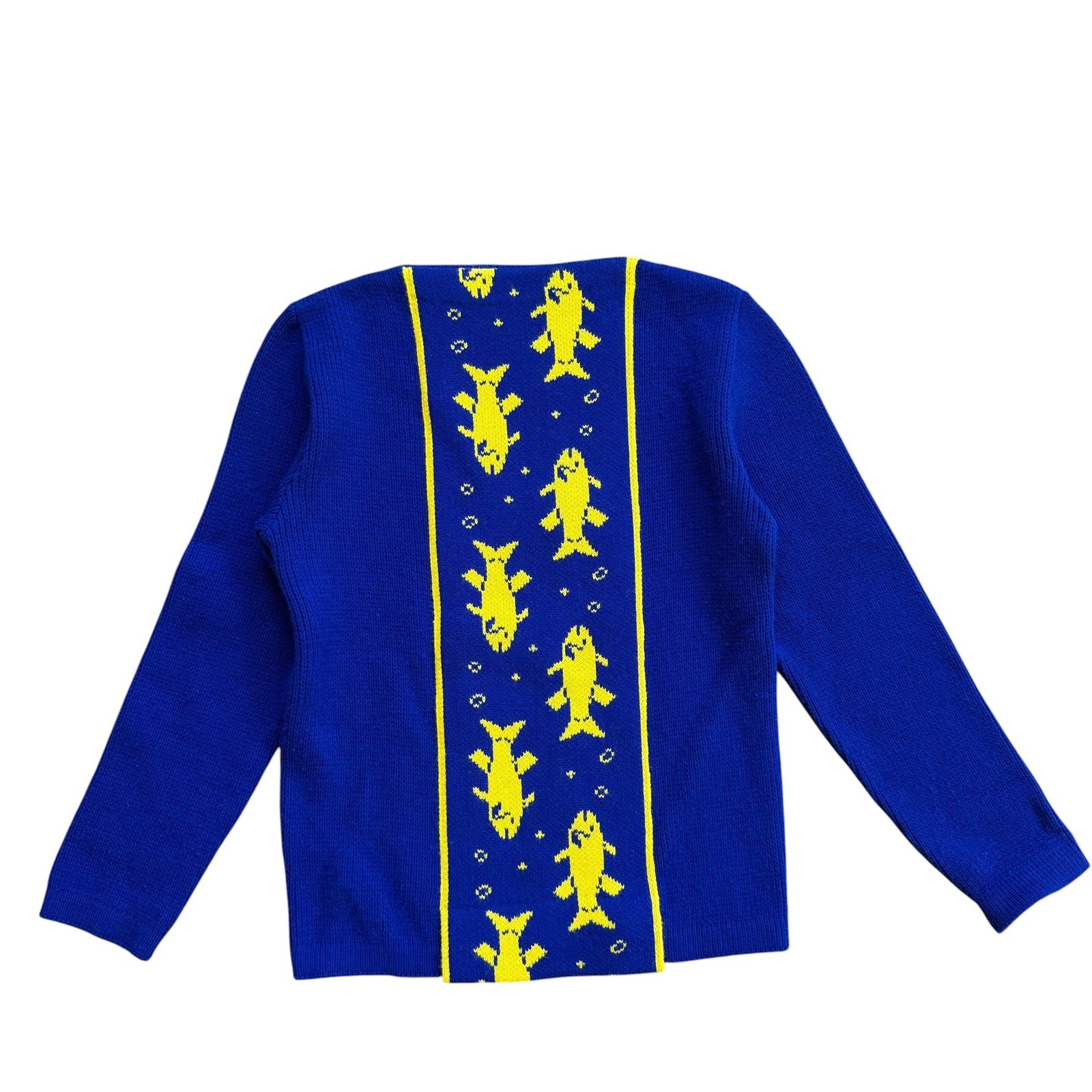 Vintage Sears Junior Bazaar Blue Yellow Fish Graphic Knit Sweater Pullover