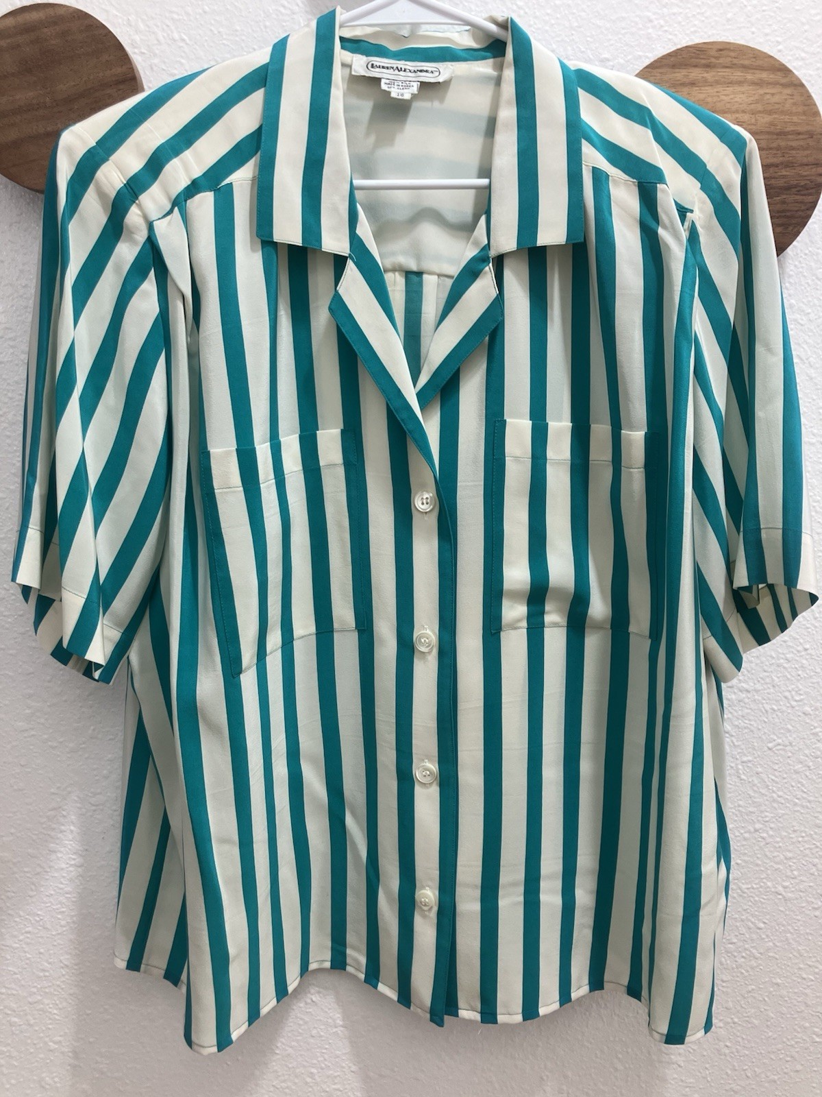 VTG 100% Silk Lauren Alexandra Striped Button-Down Shirt Women’s 18 Aqua & White