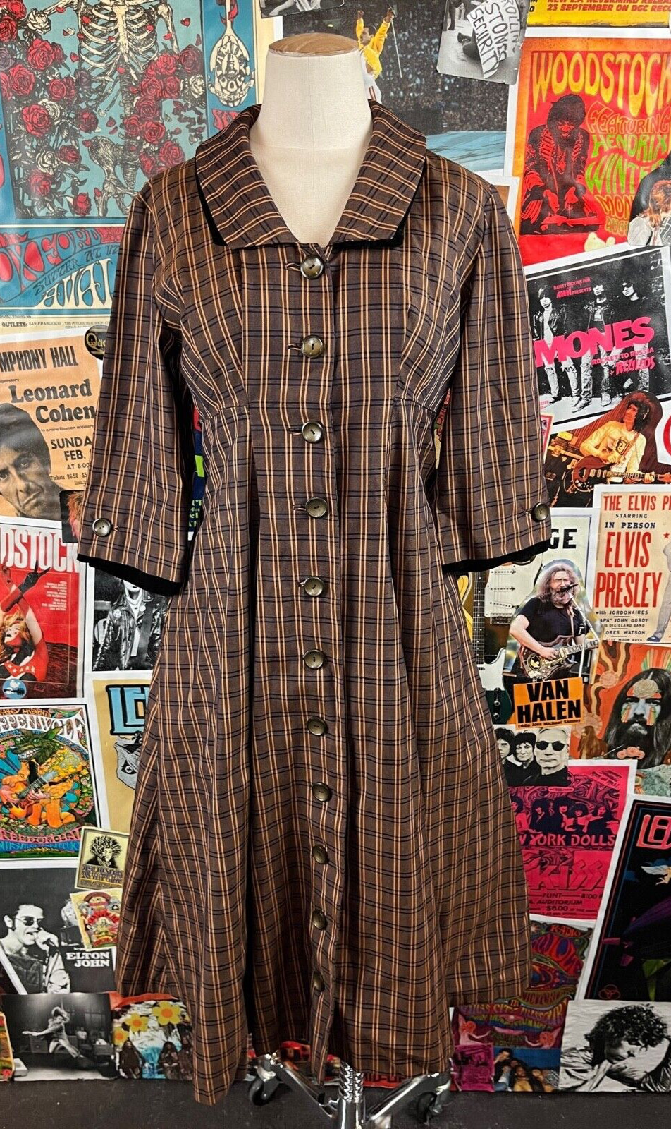 Vintage 50s Brown & Orange Plaid Neiman Marcus Collared Swing Coat Dress Size 2