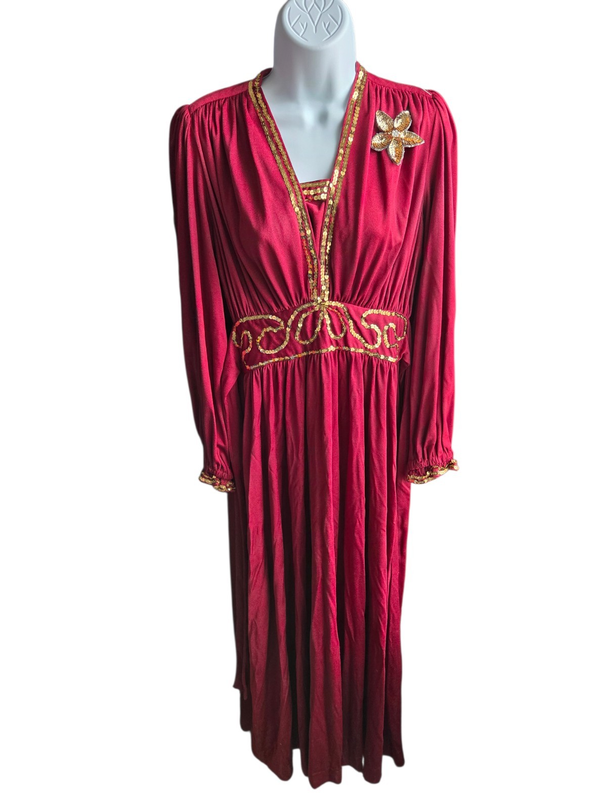 VTG Joy Stevens California Women’s Maroon Red Gold Sequin Maxi Dress Size 7/8