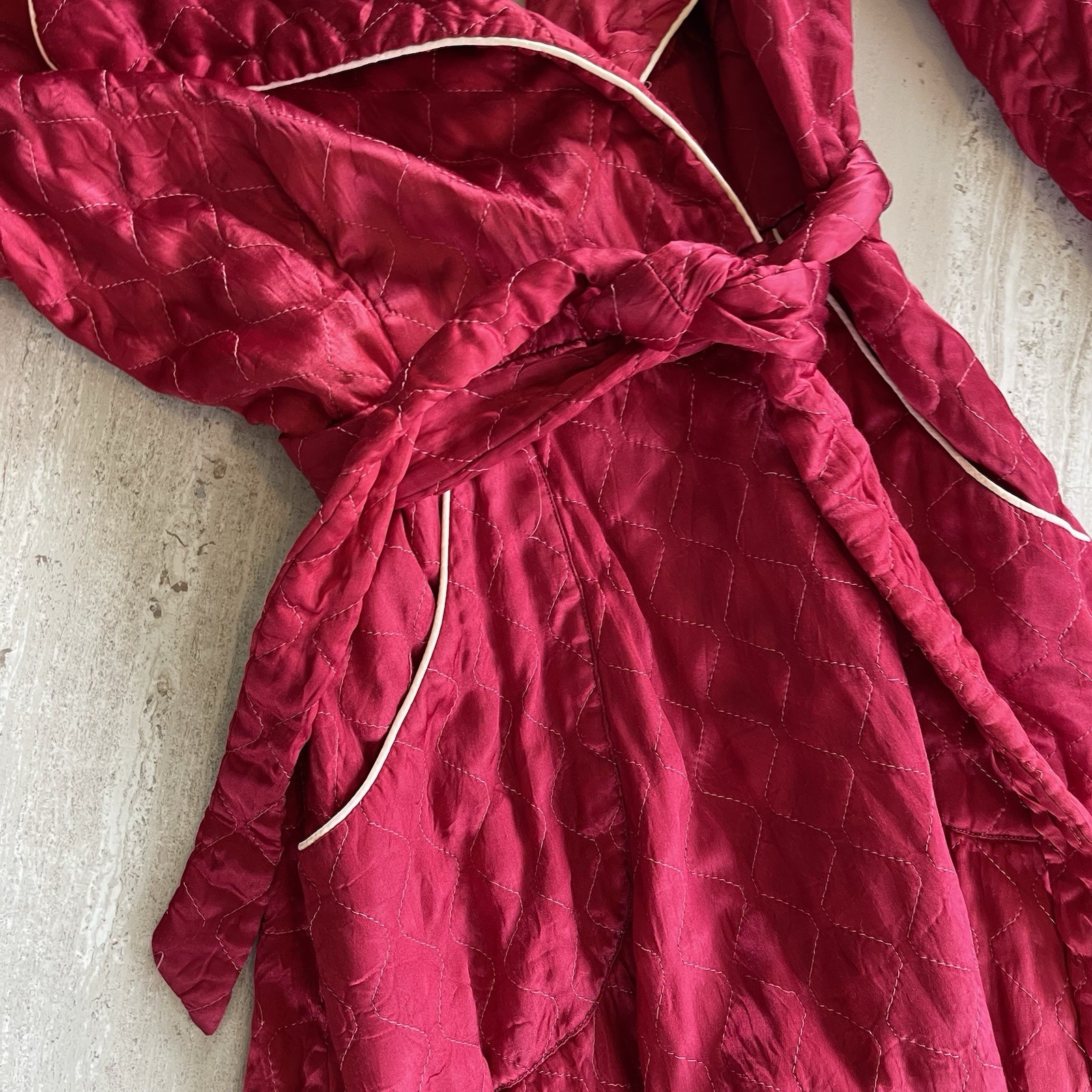 Vintage Textron Quilted Robe Womens Medium Red Satin Long Belted Loungewear