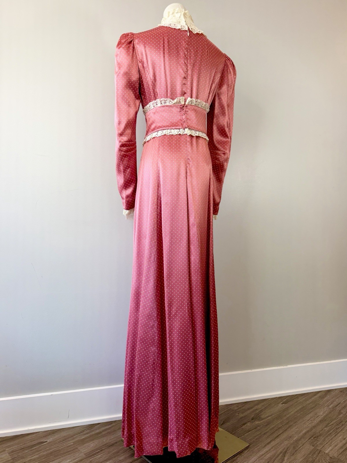 Vintage 1970s Prairie Dress Pink Dot Cottagecore 70s Elegant Edwardian Medium