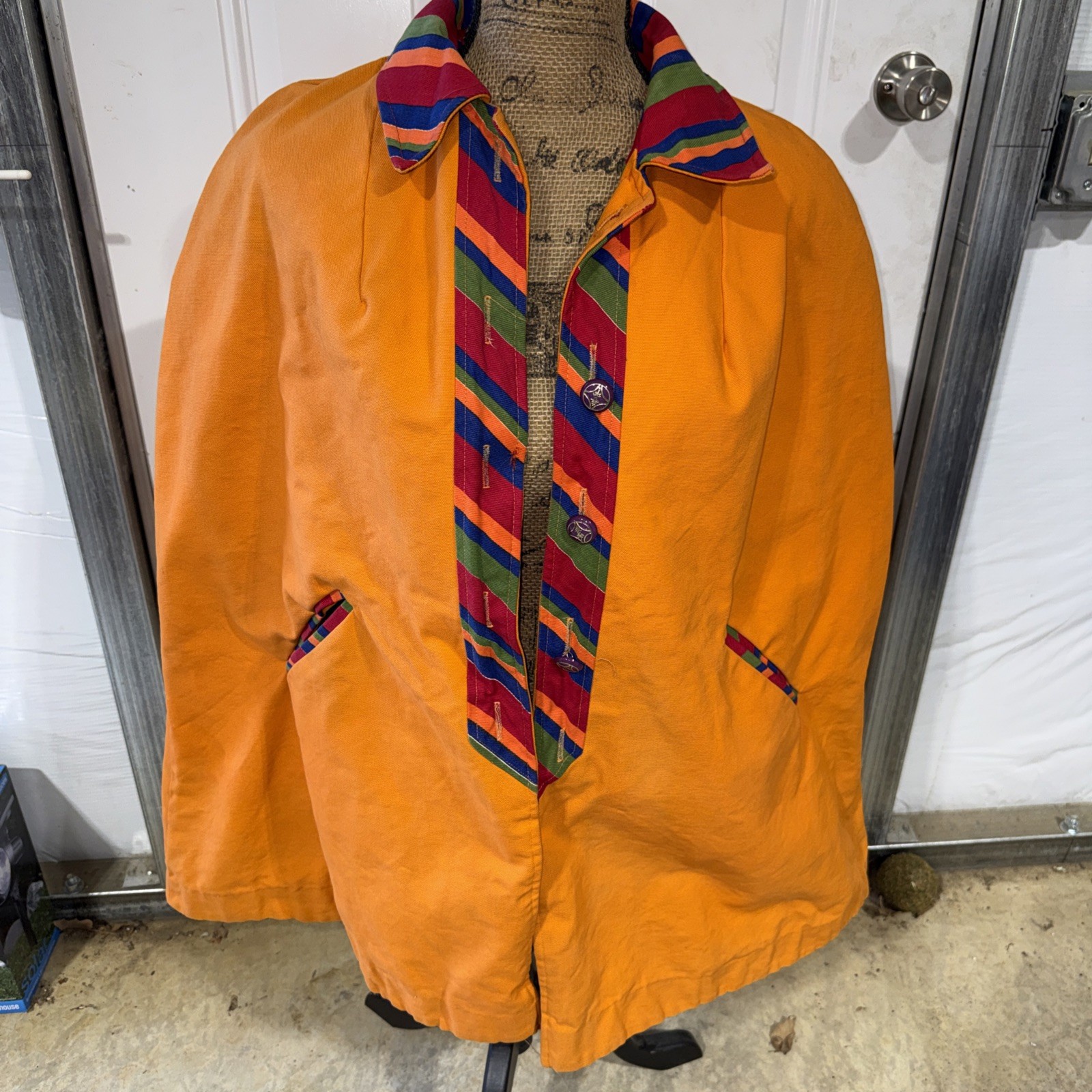 Amazing Vintage 60s Canvas Reversible Rain Cape Poncho Stripes And Orange Solid