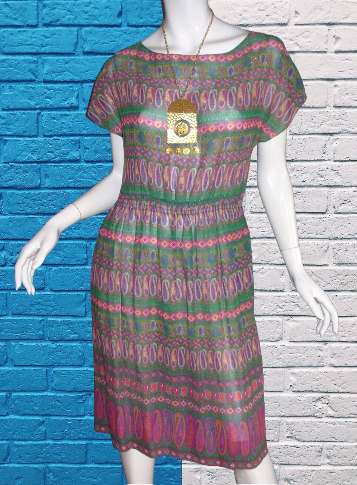 Vtg 70s 80s EDITH STRAUSS Dress M Patchwork PAISLEY Print Secretary Boho Peasant