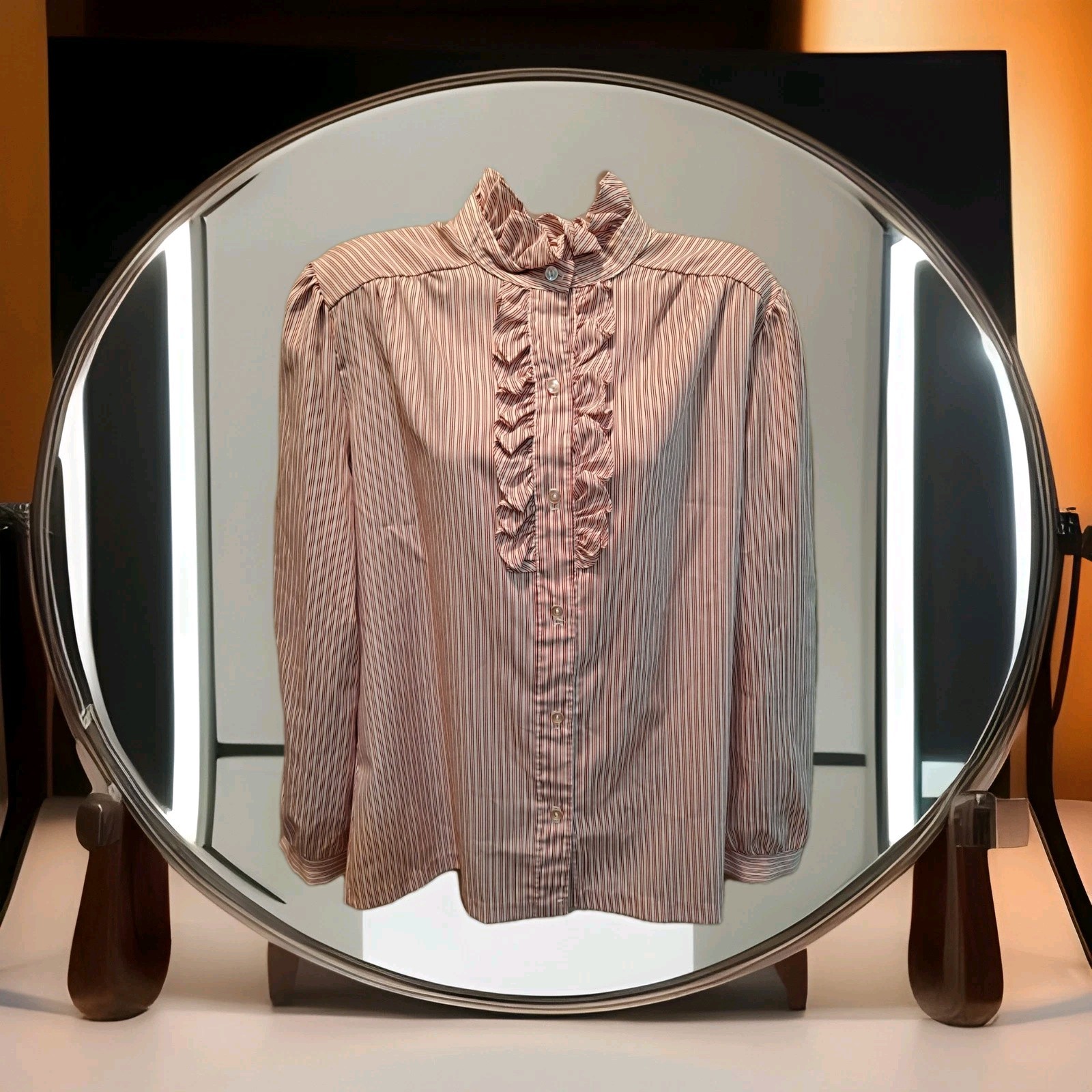 Vintage 1970s 80s Red Striped Ruffled Button Up Shirt Blouse Size Large?