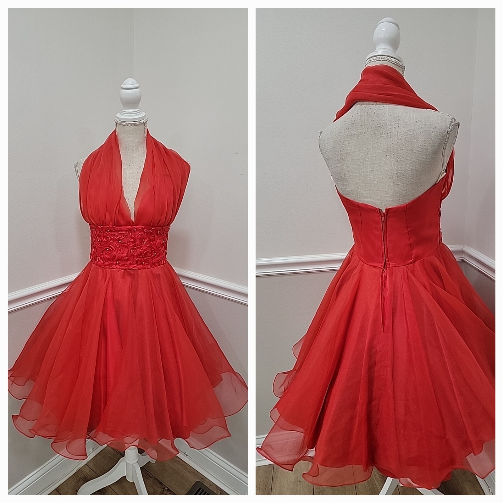 VTG Faviana PM Womens Red Halter Neck Back Zip Fit And Flare Dress /Rhinestones