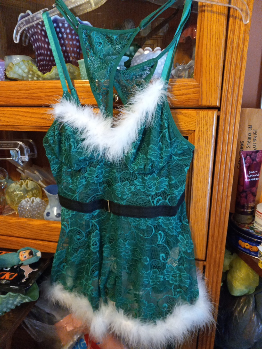 2 Piece Lingerie NOS Green Lace Baby Doll G String Panty Panties See Through XXl