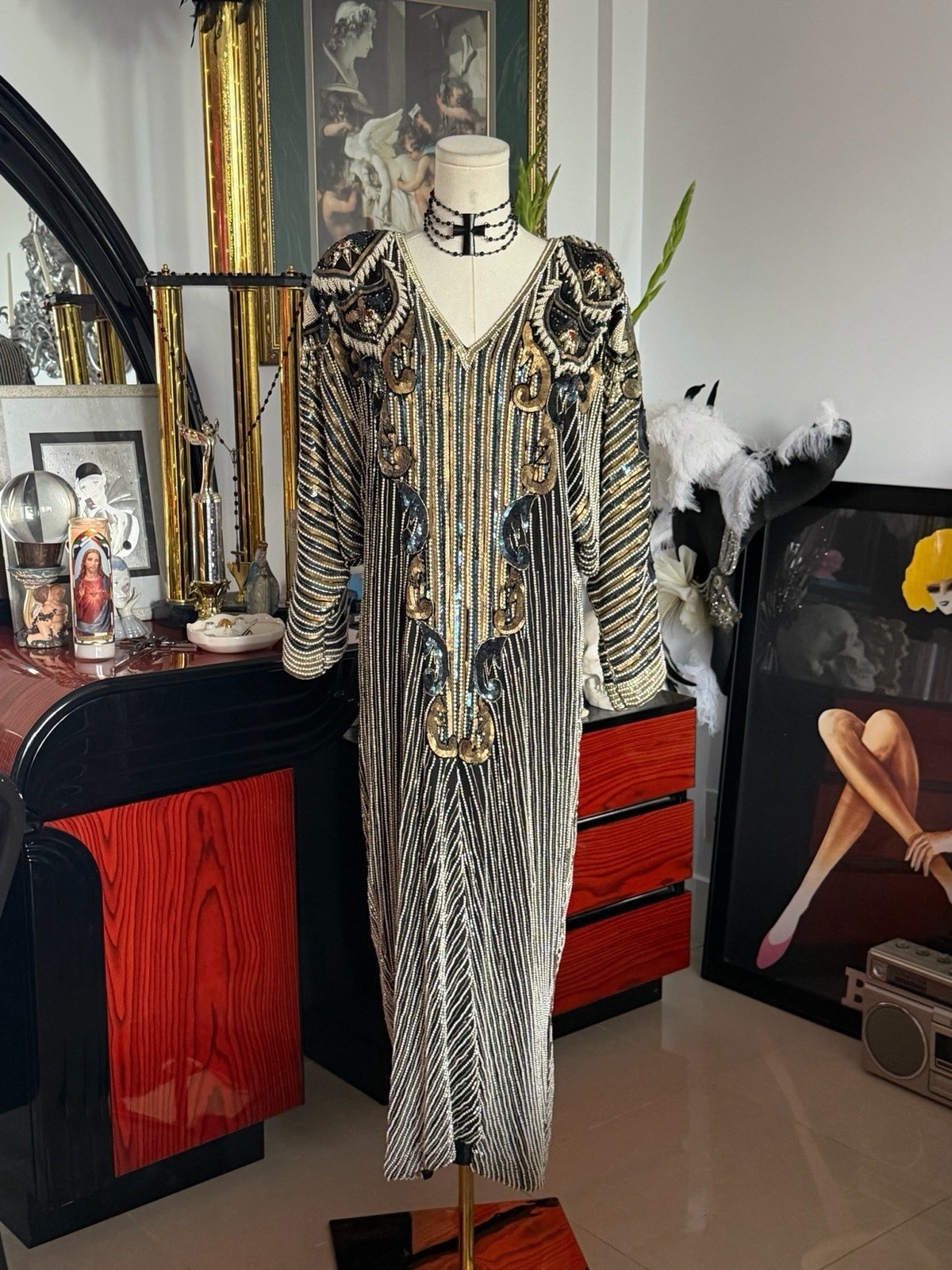 Vintage Fully Beaded Art Deco Evening Gown Black Gold Sequined Dress Size L