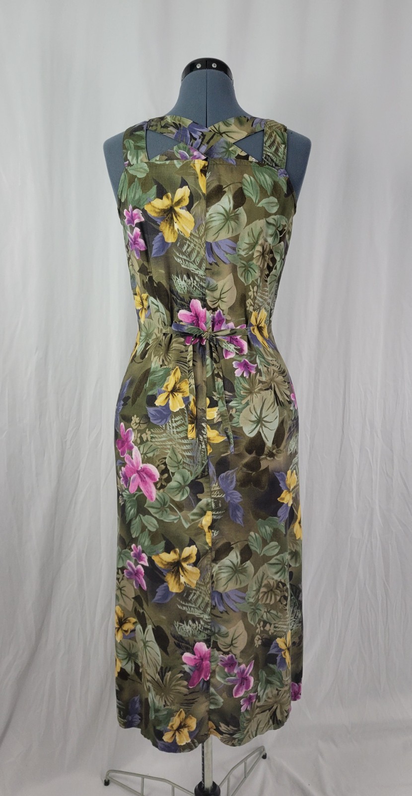 Vintage Erika Mossy Green Floral Sundress w Button Down Front Size Med Petite