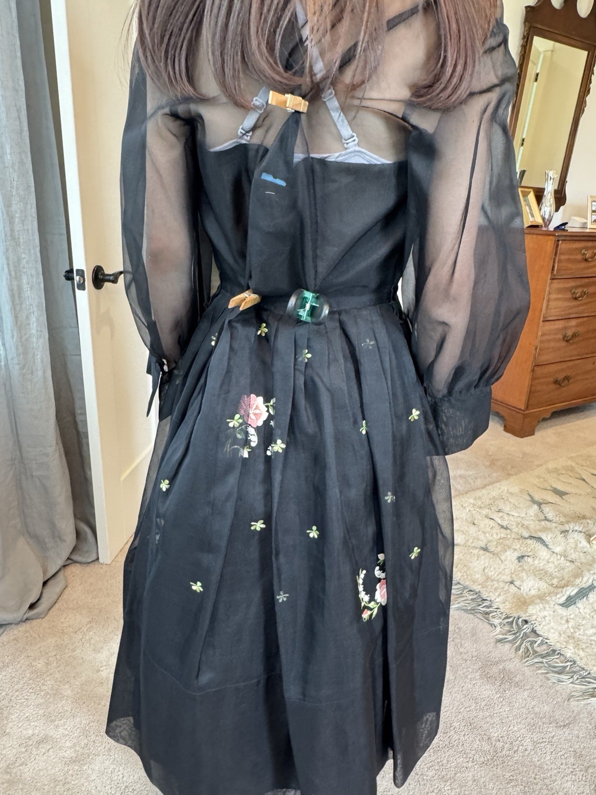 Vtg 50s Party Cocktail Dress Black Silk Organza -satin Lining S/M Petticoat