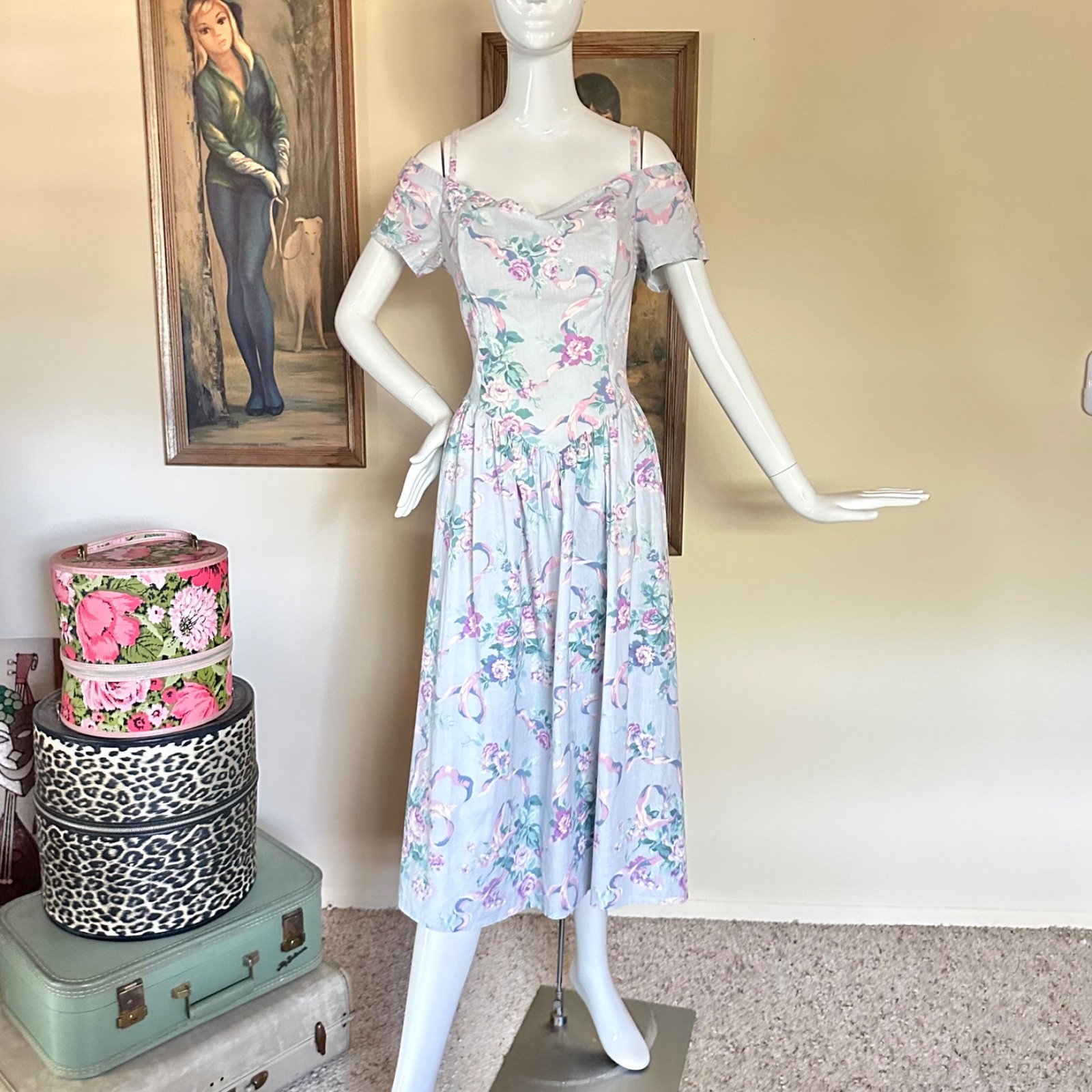 Vtg 1980s Off-Shoulder Baroque Floral Print Fit Party Dress Cottagecore L Volup