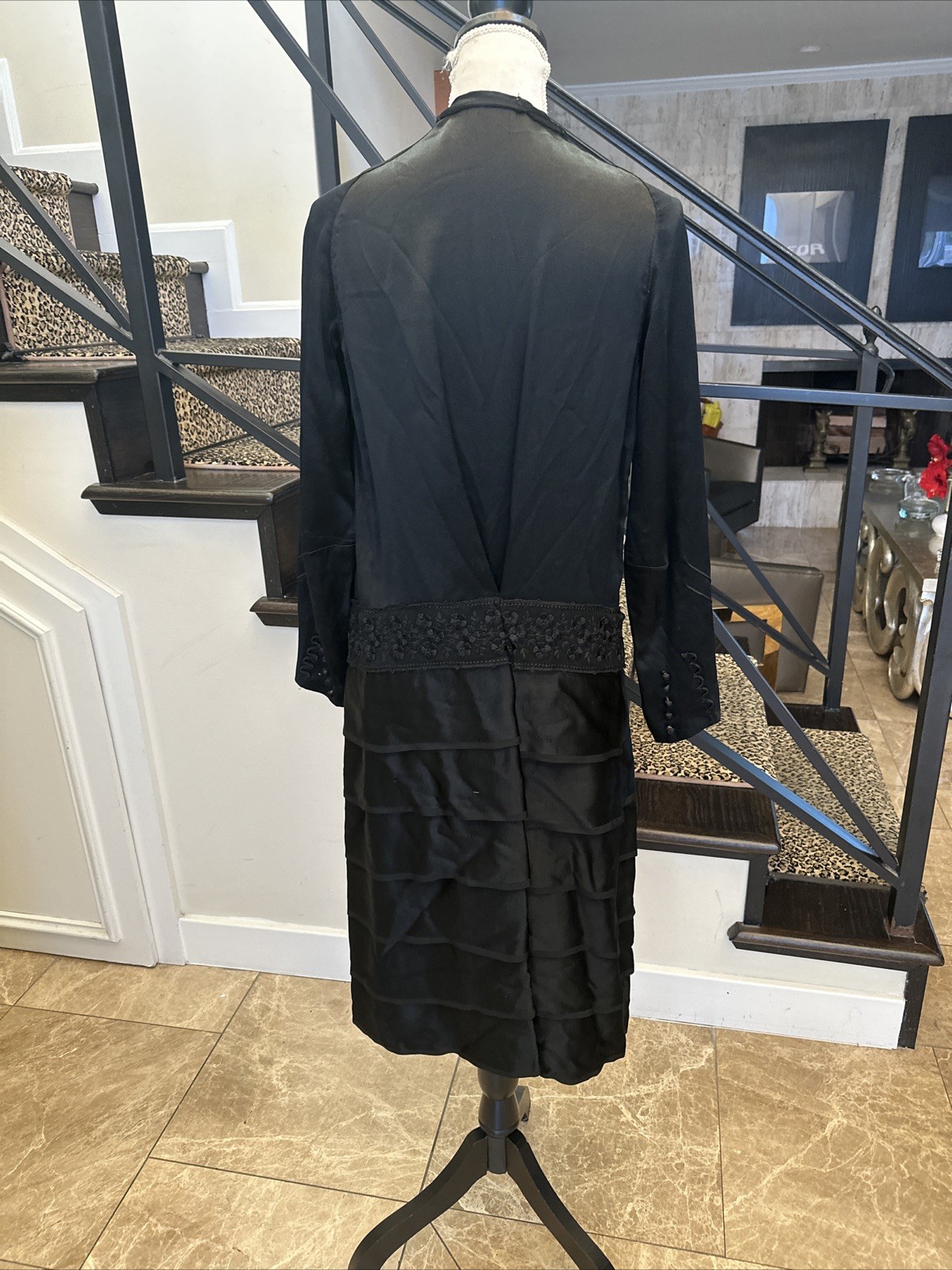 Vintage 1920s Black Satin Tiered Drop Waist Pussy Bow Lace & Embroidered Dress