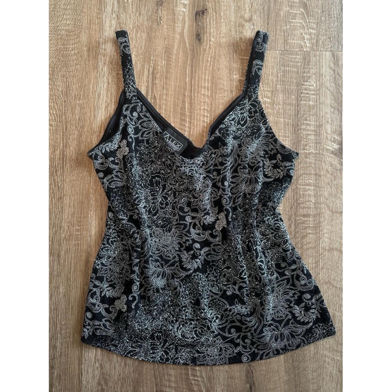 Vintage Alex Evenings Sparkly Metallic Silver Floral Camisole Tank Top M