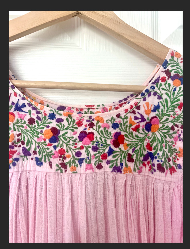 Vintage Oaxaca Mexican Hand Embroidered Floral Cotton Gauze Dress Hippie Boho