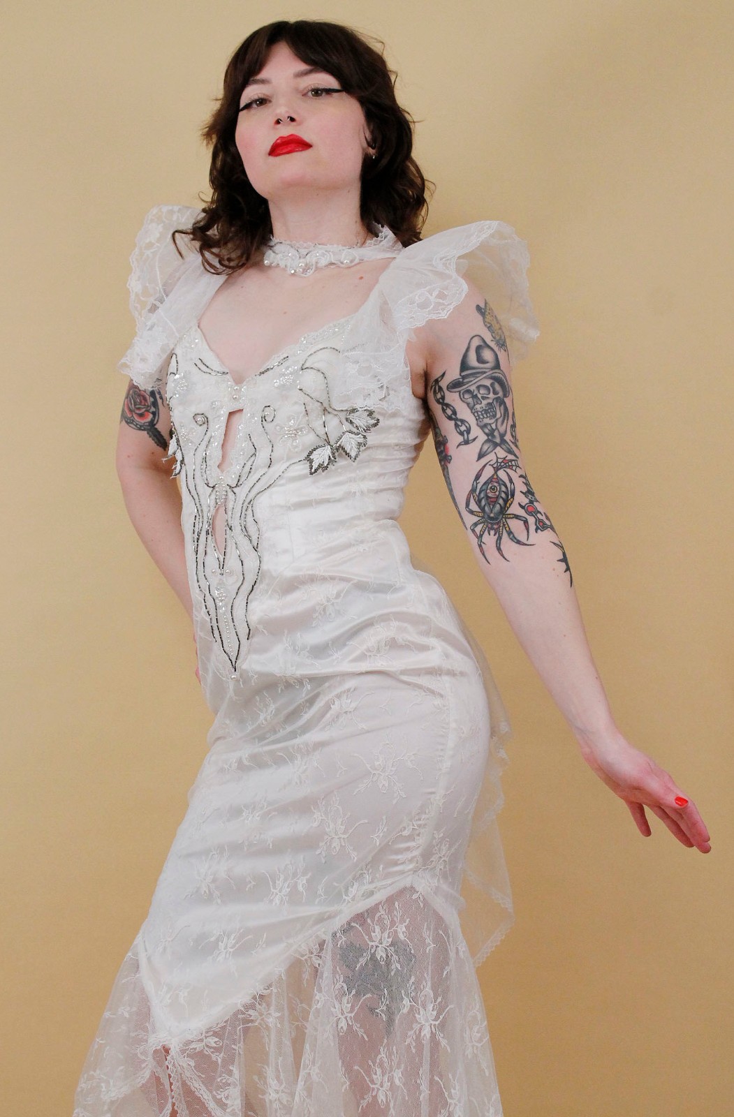80s Vtg CLIMAX Karen Okada White Lace Angel Sleeve Dress Sheer Mesh Glam Mermaid