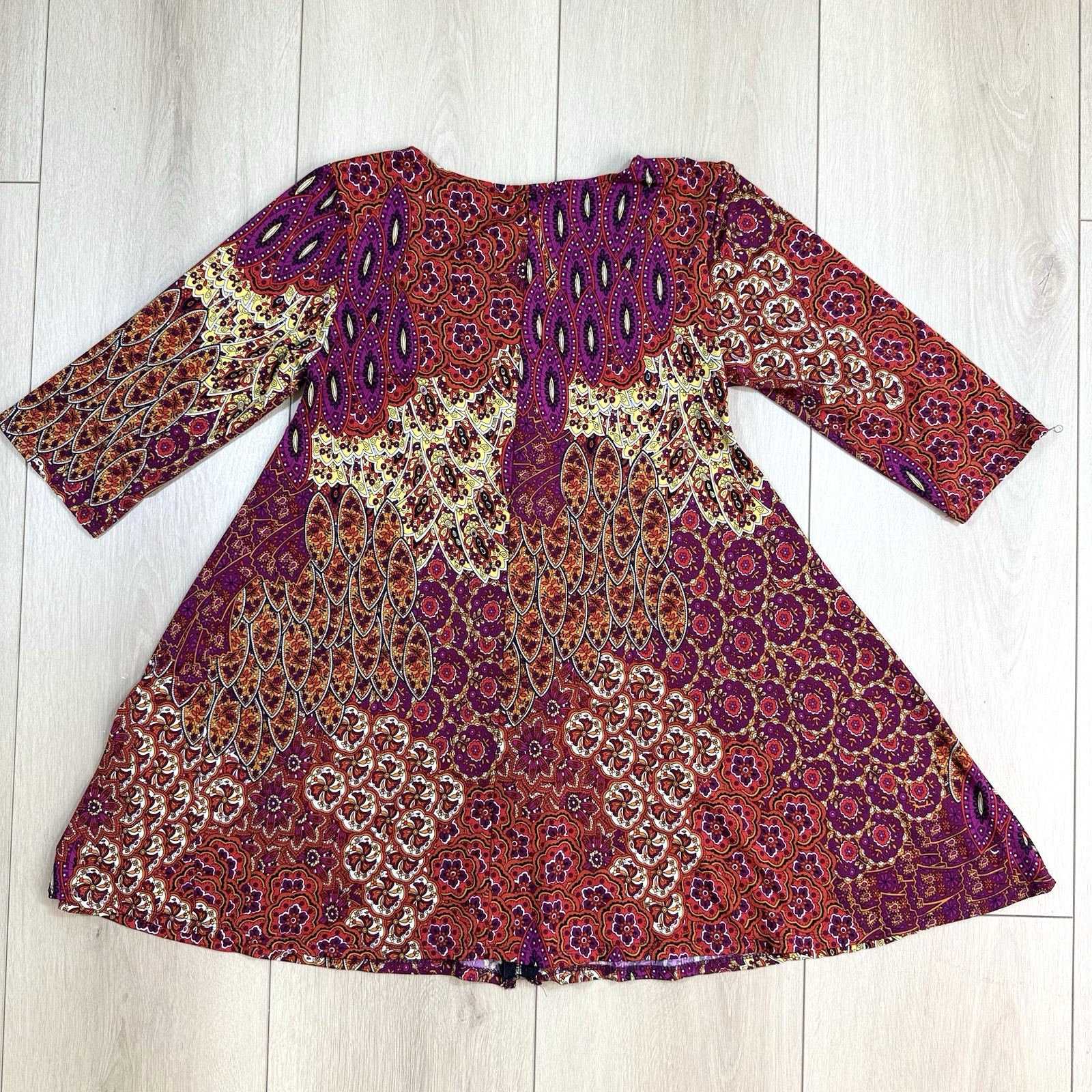 Vintage JonDen USA Boho Zip Front Tunic Dress M Psychedelic Floral 70s Style