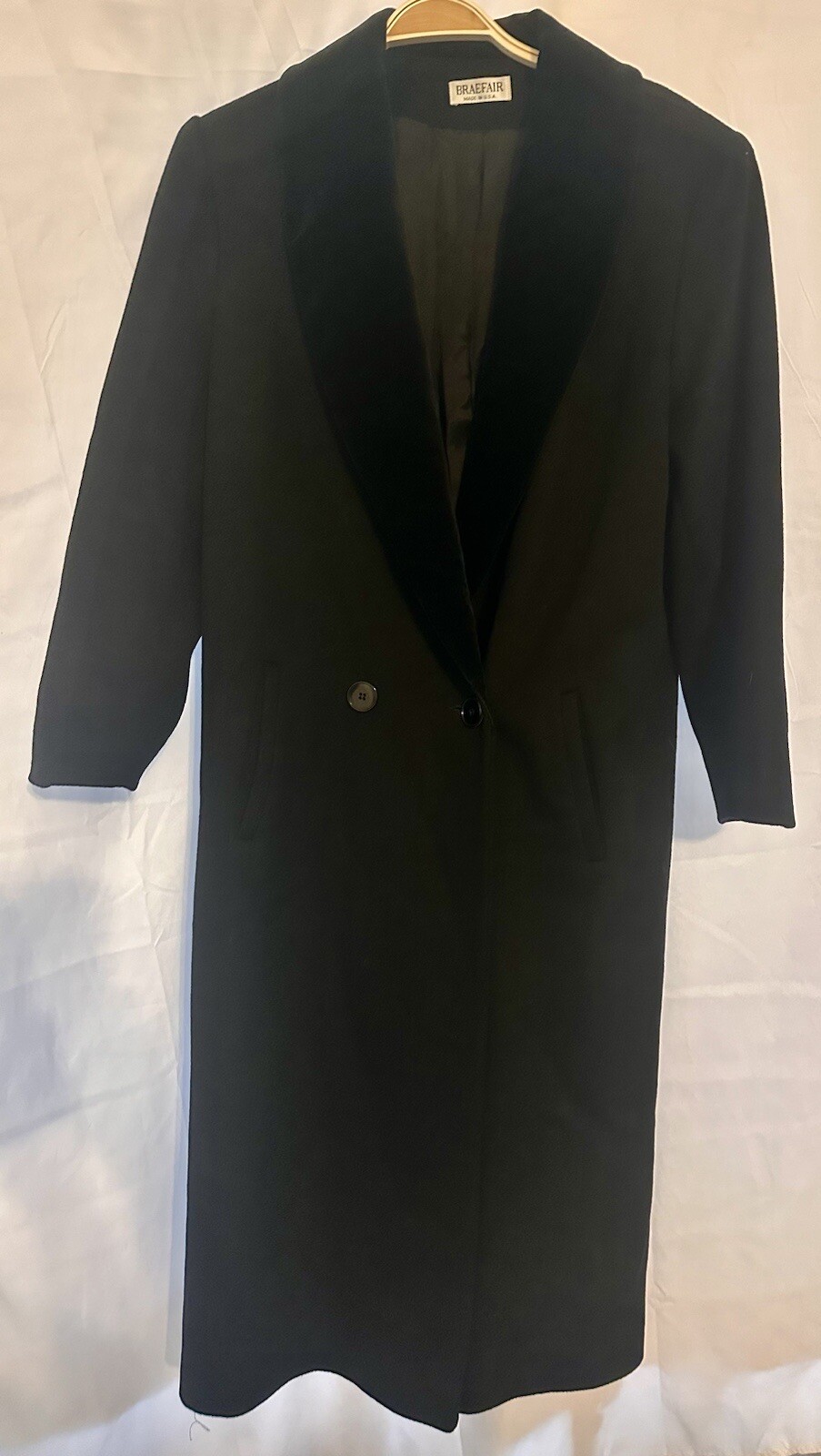 Vintage Braefair Womens Full Length Black Wool Trench Coat Jacket XL Dbl Breast