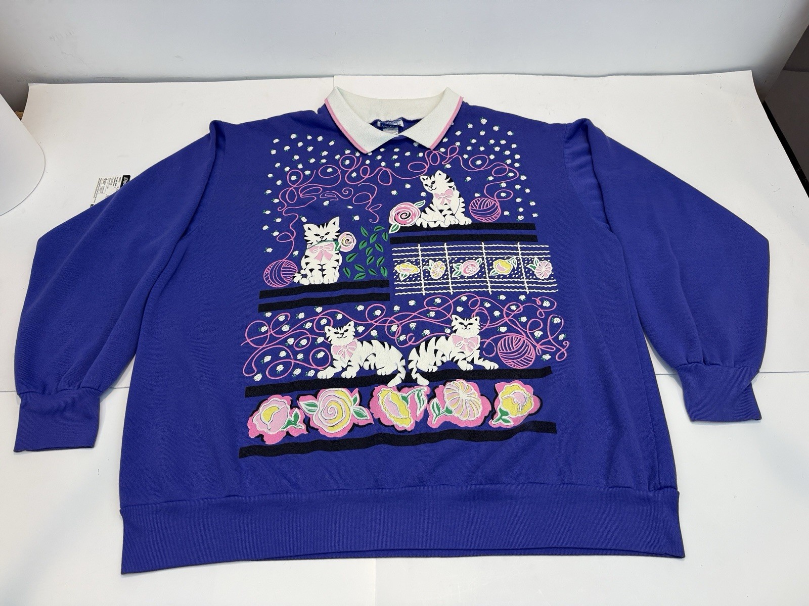 Vtg Quips Purple CAT Kitten Sweatshirt Collared 80’s 90s Granny Sz Med/large