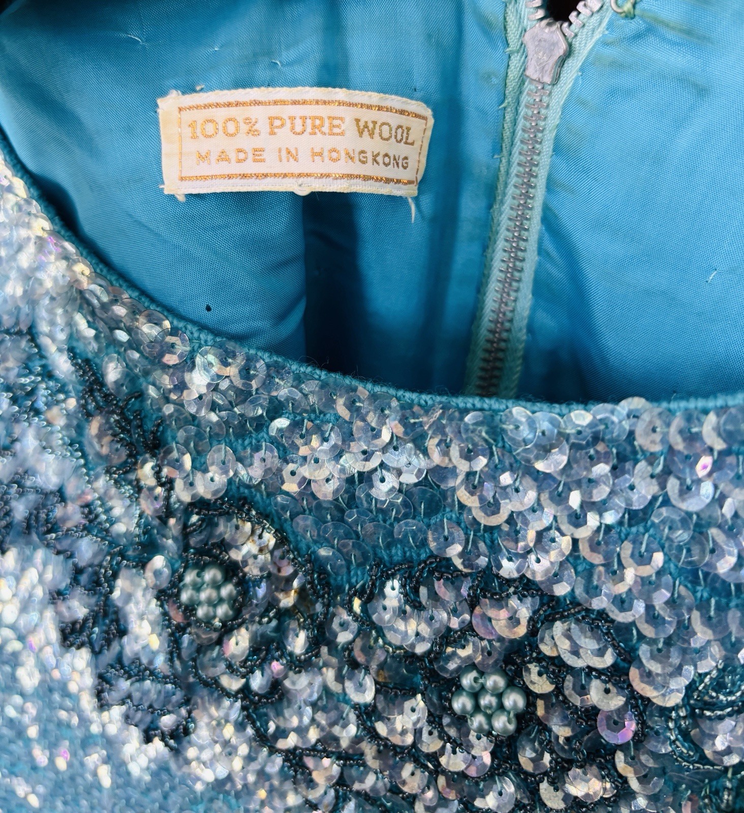 Vintage Women’s Blue 100% Wool Sequined Embellished Tank Top Made in Hong Kong