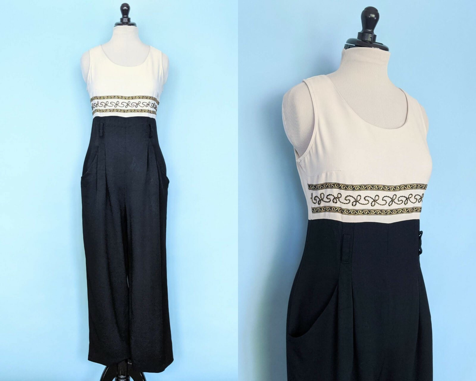 Vintage 60s Two Toned Embroidered Jumpsuit, 1960s Wide Leg Rayon Jumpsuit