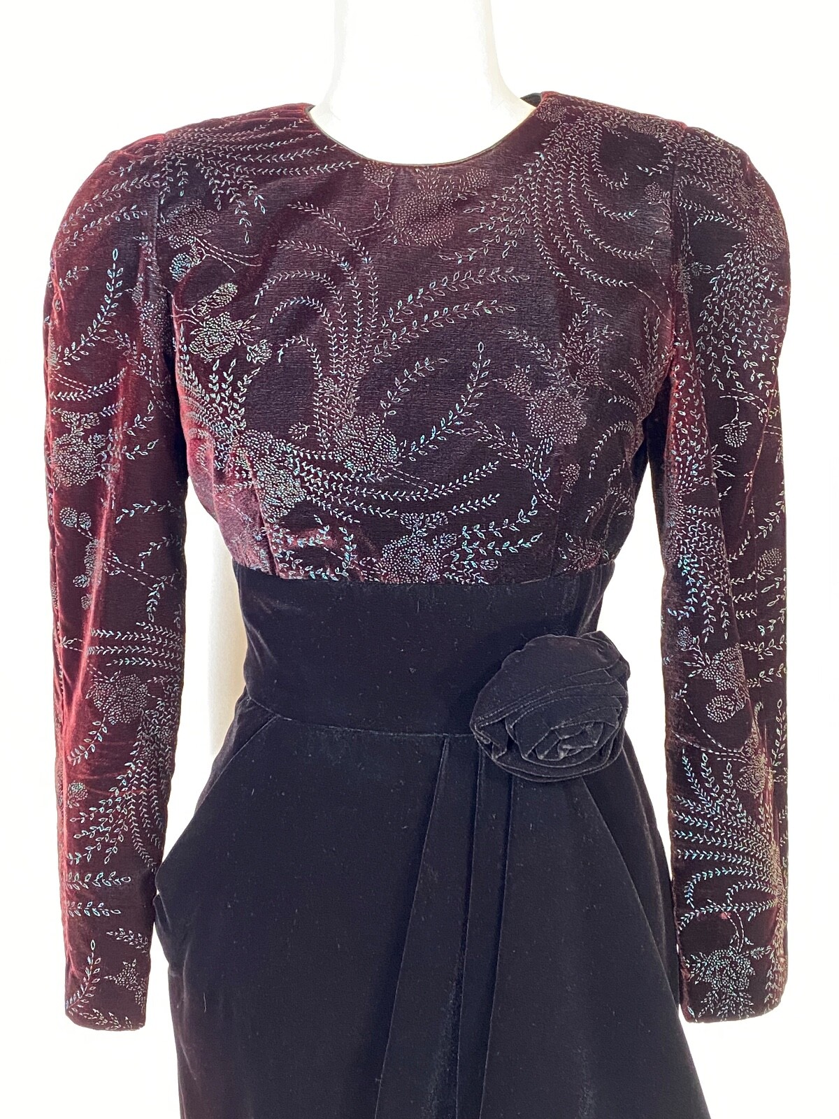Vintage late 1980’s-90’s little black velvet cocktail dress w/fabric rose detail
