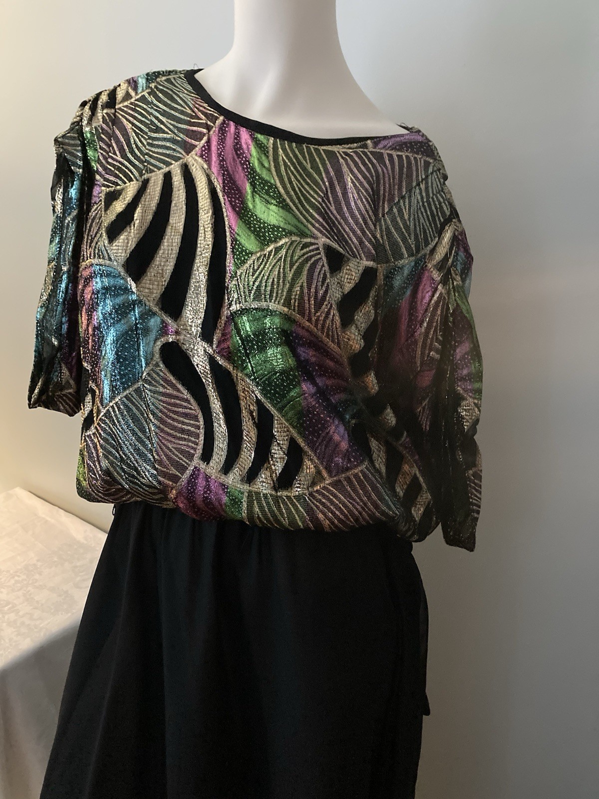 Vintage 80s Disco Glam Black Sheer Rayon Metallic Cocktail Party 11/12