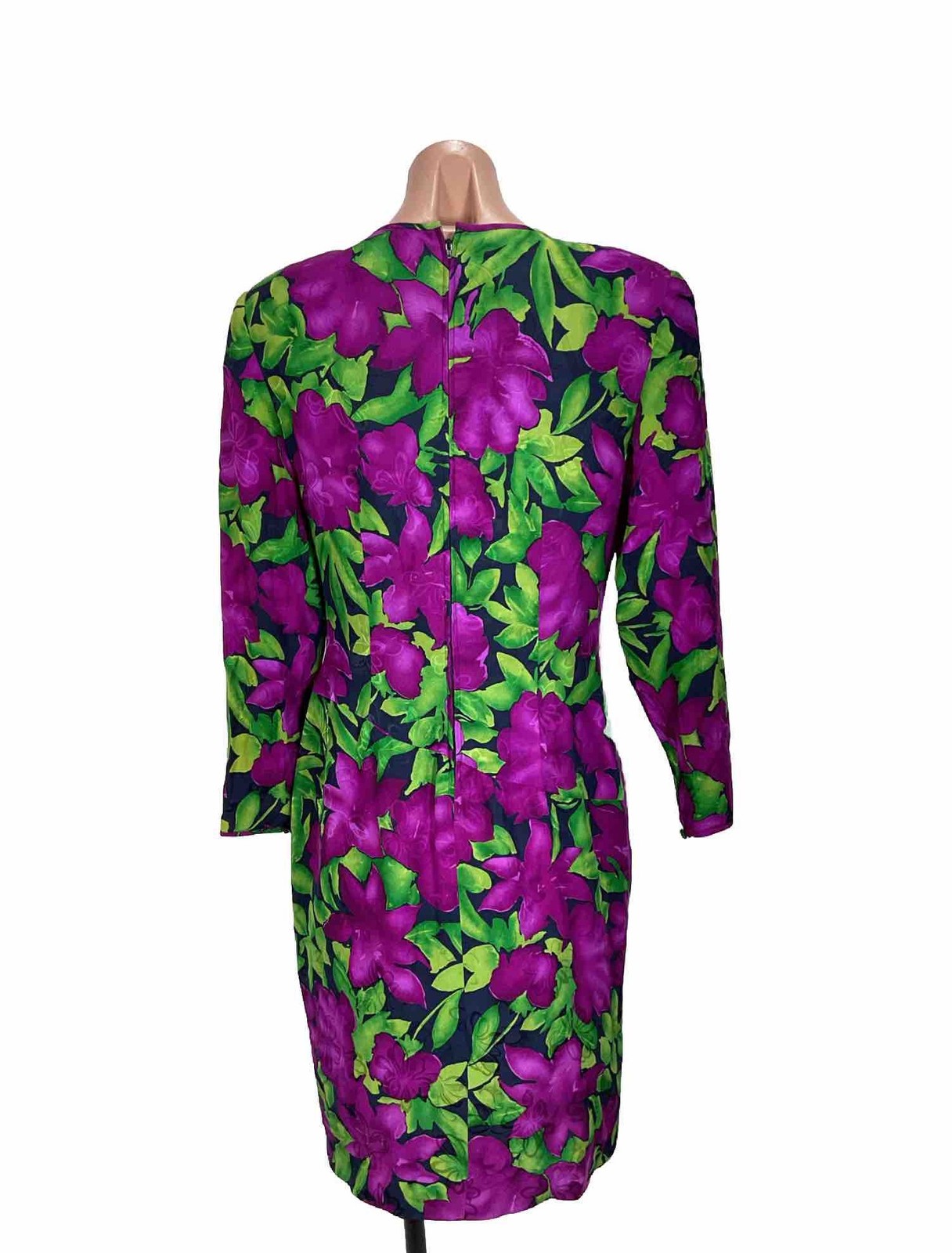 80s VTG AJ Bari Evening Dress Bright Floral Faux Wrap Ruched Puffy Sleeve 12