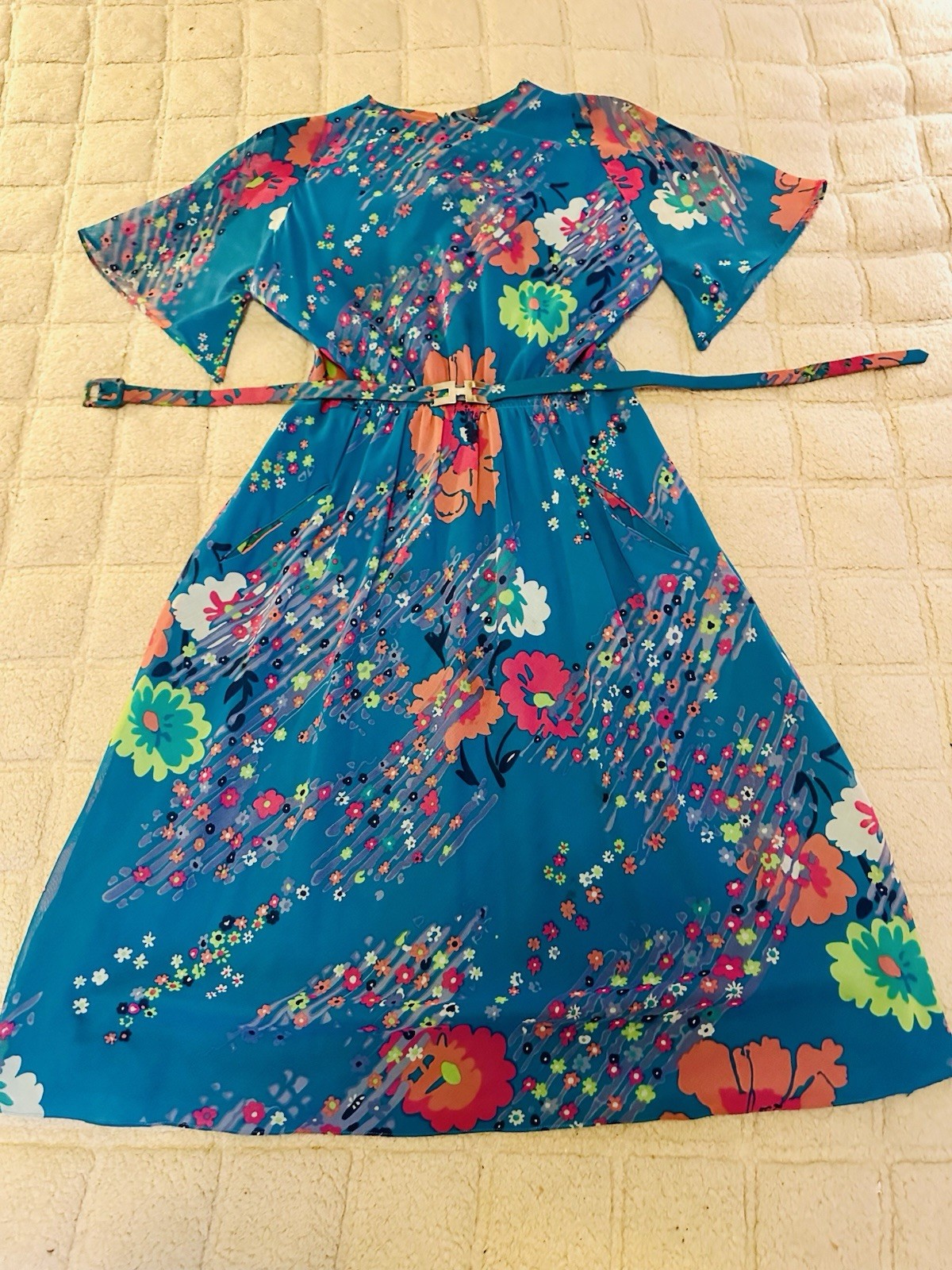 Vintage 70s Pauline Trigere Dress Flowing Flowers 36 Bust 28 Waist Layered