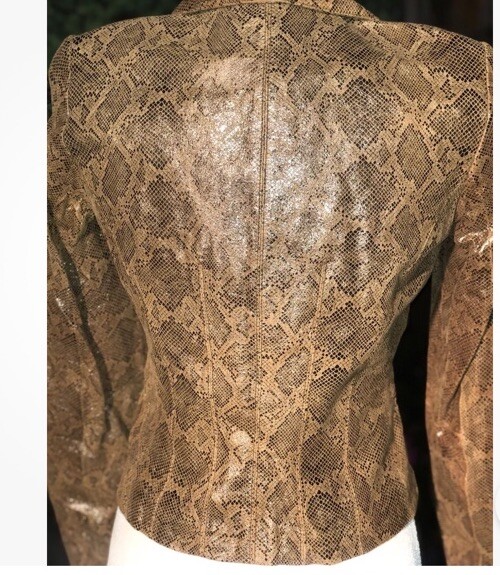 Vtg 90’s Designer Vakko Blazer Leather Jacket Metallic Snake Print Mustard Sz8