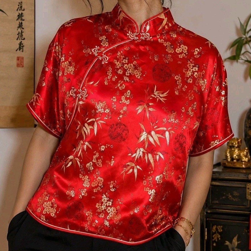 Vintage Red Satin Cheongsam Top Gold Floral Bamboo Asian Brocade Blouse