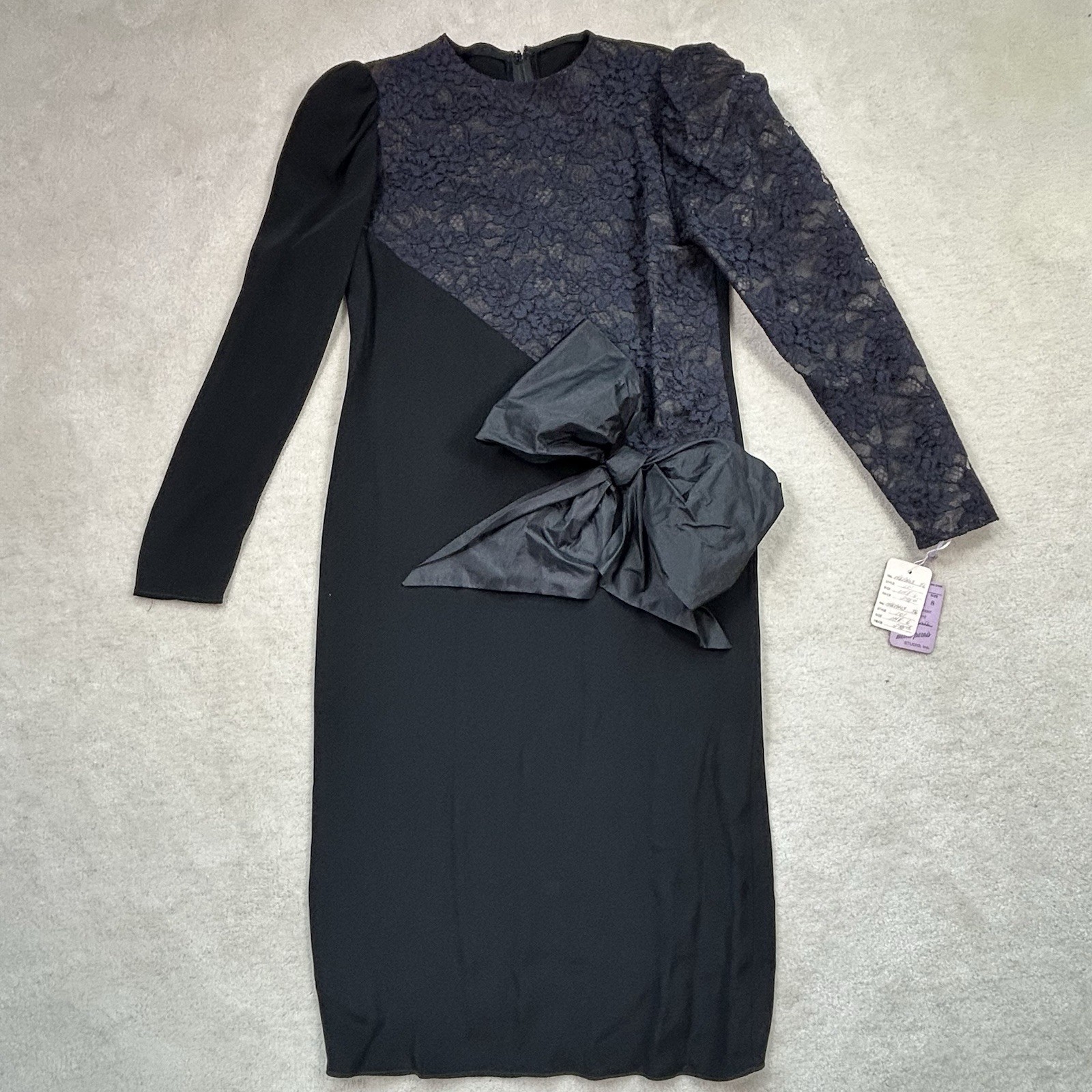 VTG 70s Mollie Parnis Studio Midi Dress Dead Stock Long Sleeve Black Lace Bow 8