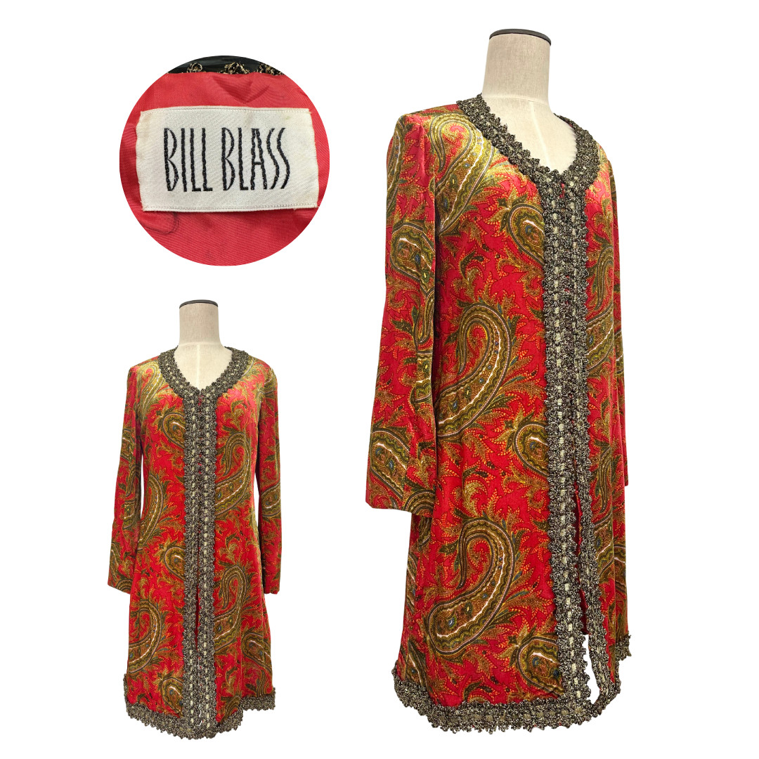 Vintage 1970s Bill Blass Red Velvet Gold Paisley Metallic Tunic Saks Fifth Ave