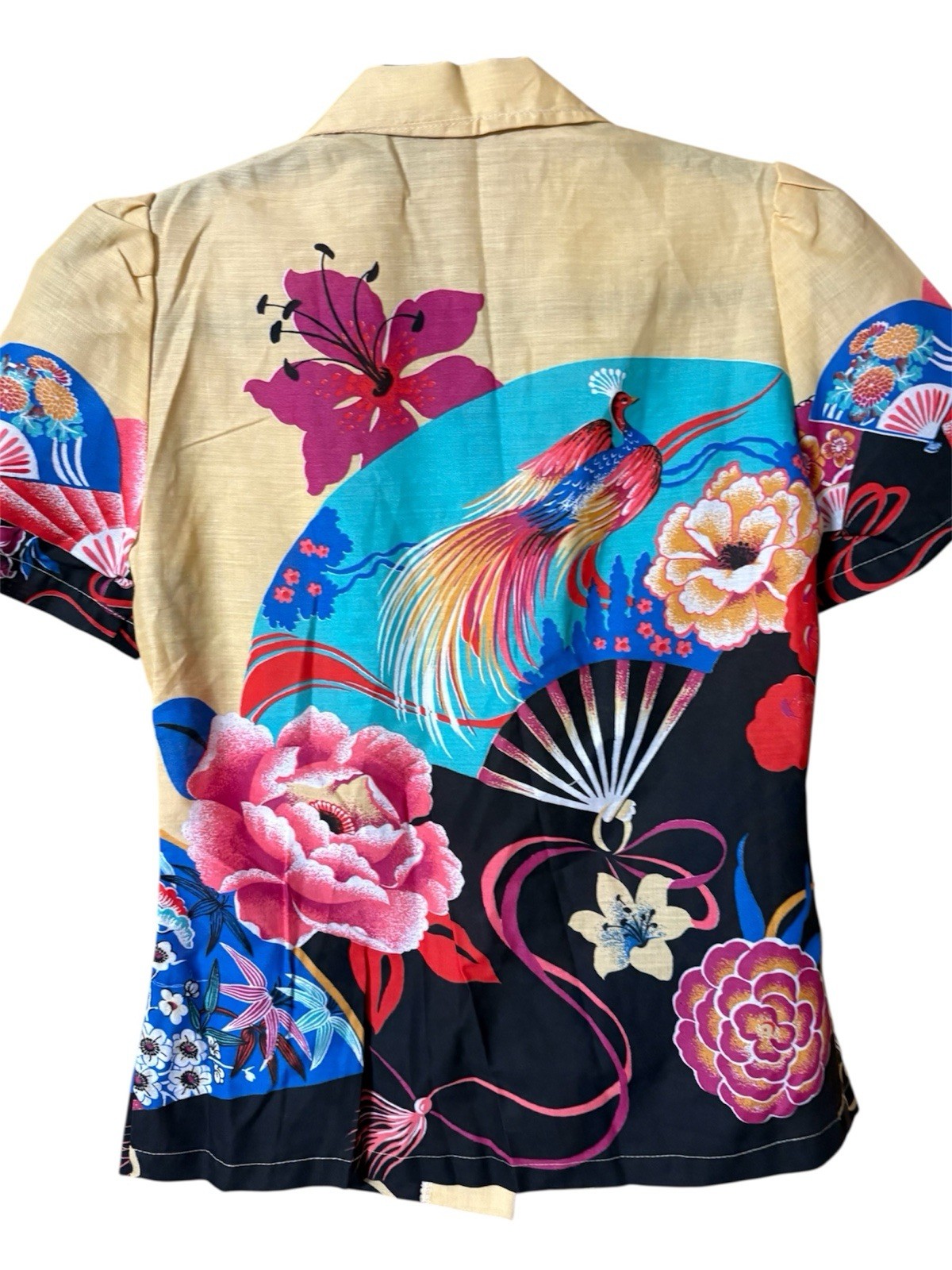 VTG 1980s Fritzi Asian Inspired Blouse AOP PRINT Asian Fans & Cranes XS B-34”